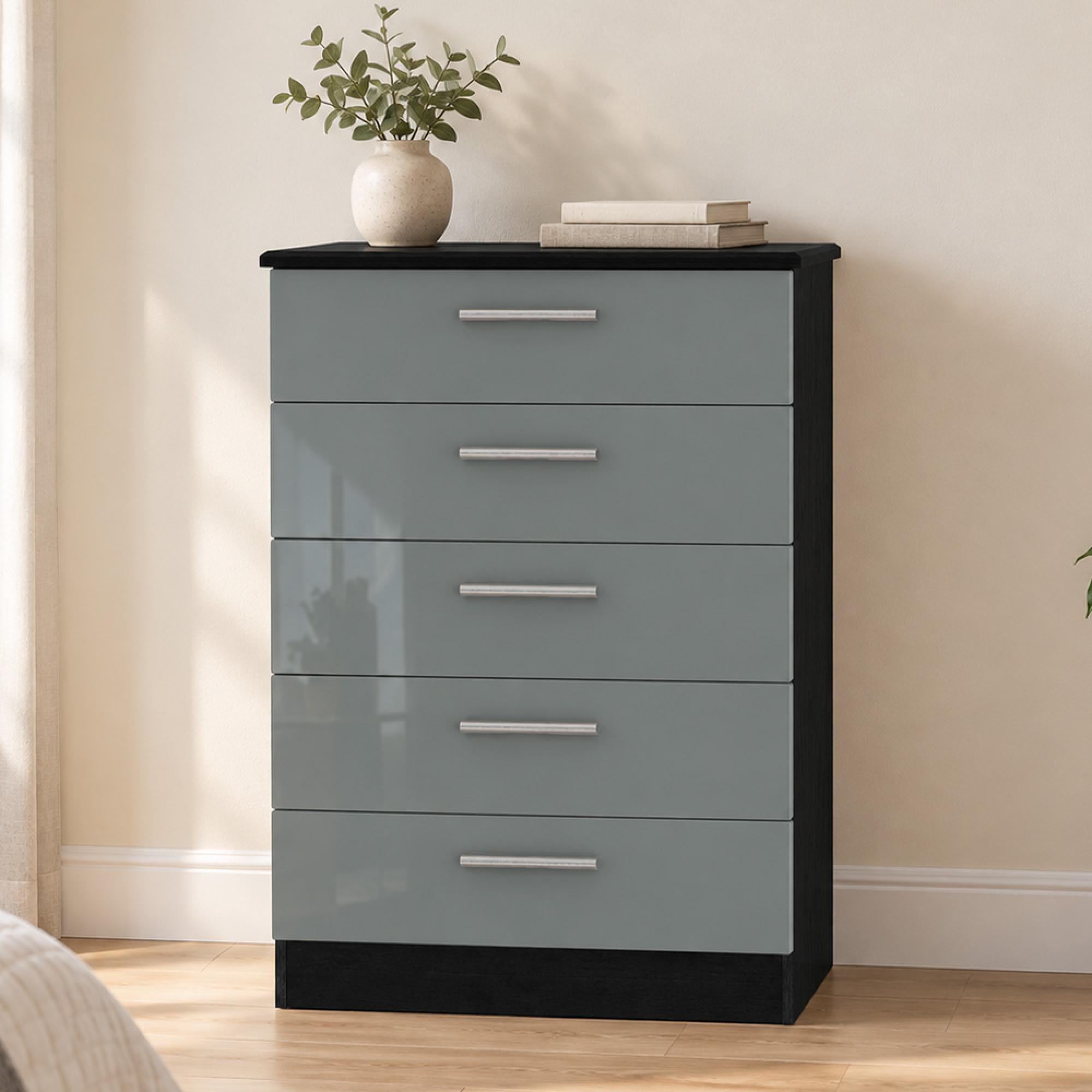 Knightsbridge Grey Gloss and Black 5 Drawer Chest