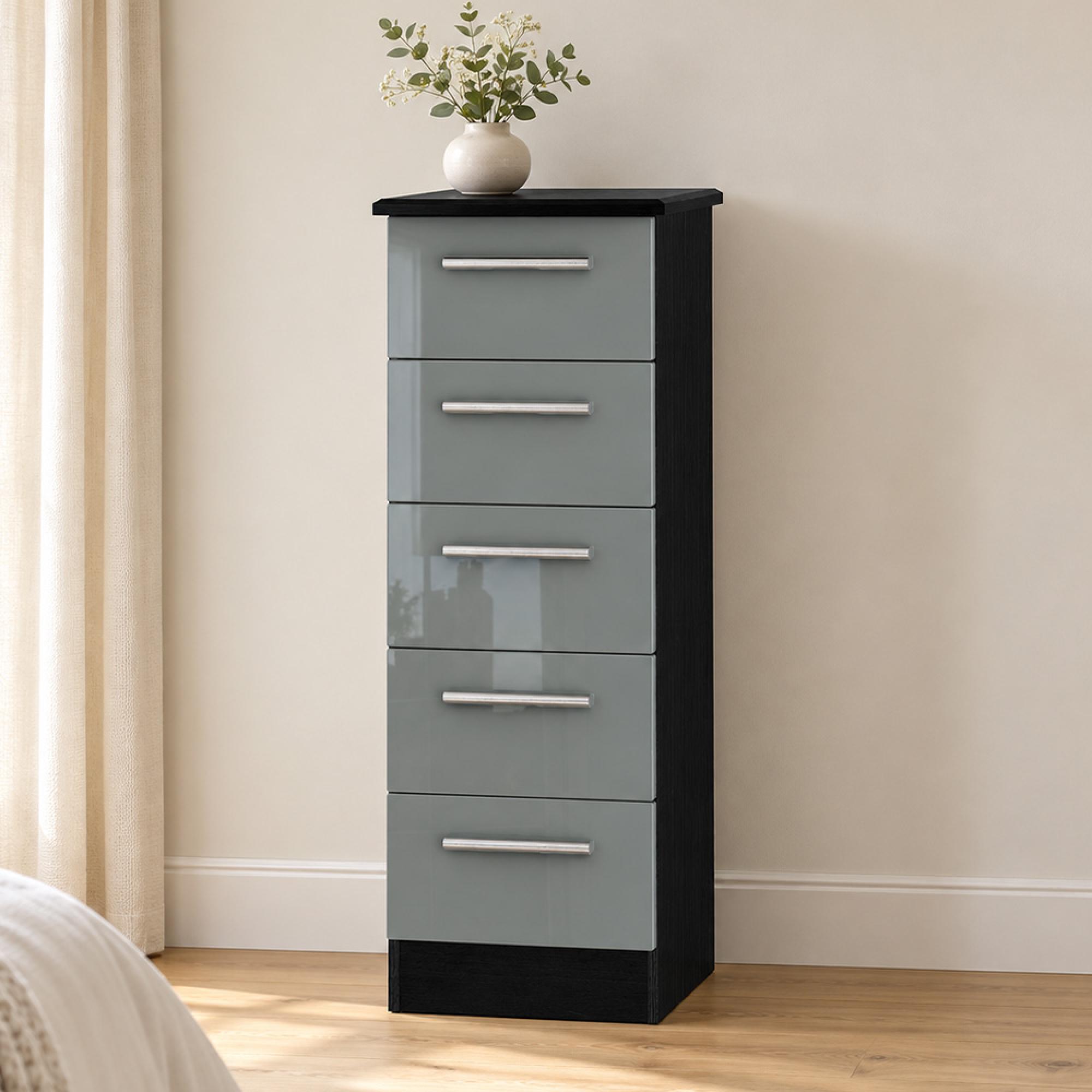 Knightsbridge Grey Gloss and Black 5 Drawer Narrow Chest
