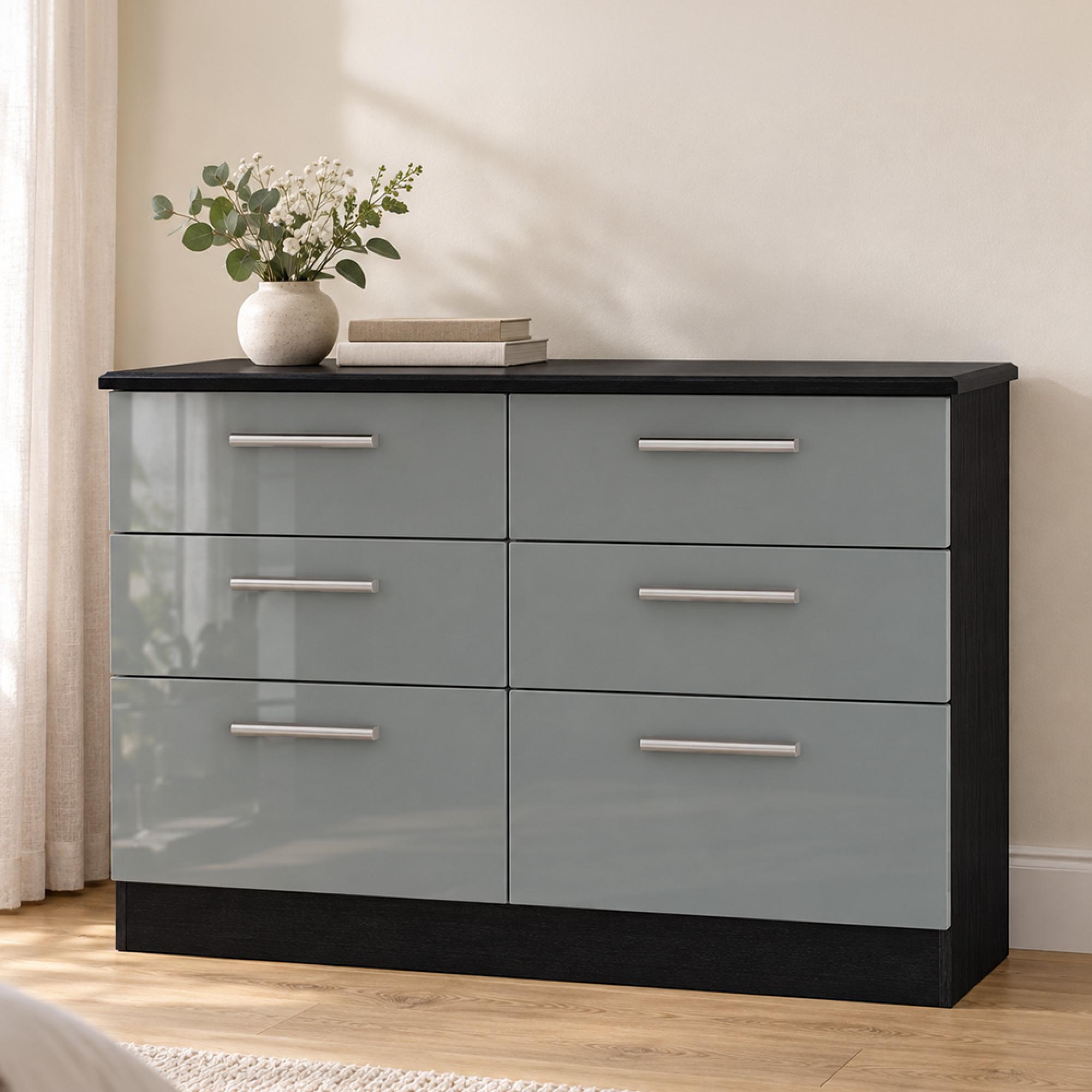 Knightsbridge Grey Gloss and Black 6 Drawer Midi Chest