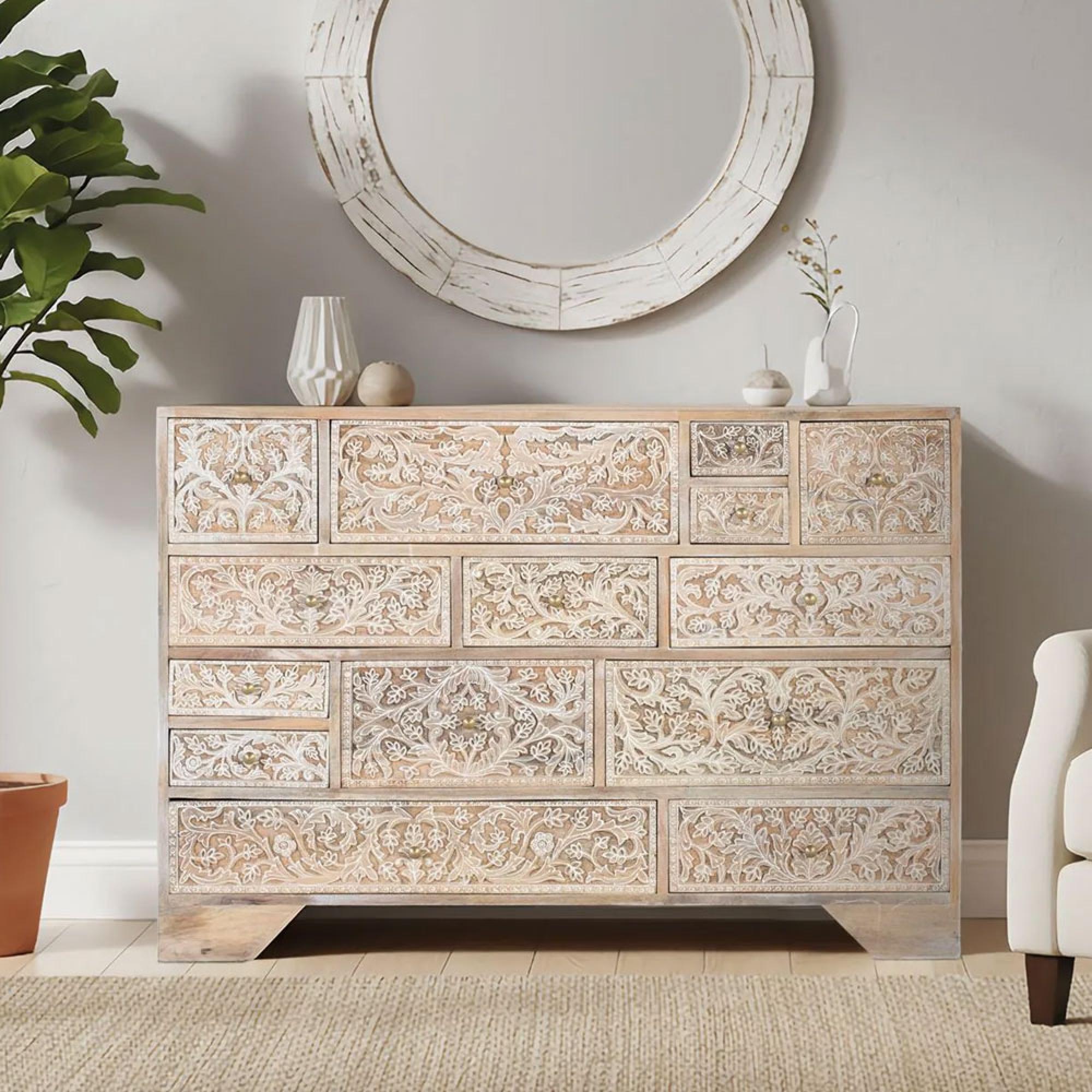 Indira Distressed Washed White Floral Carved Mango Wood Multi Drawer Wide Chest