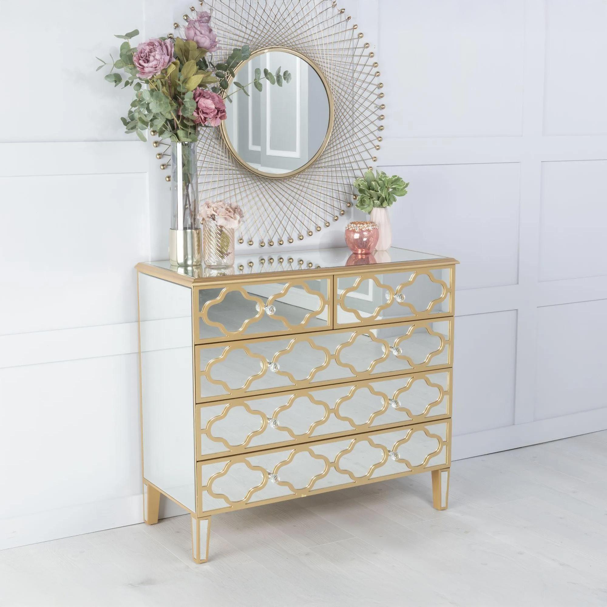 Casablanca Chest - 3+2 Drawer - Mirrored - Gold Trim