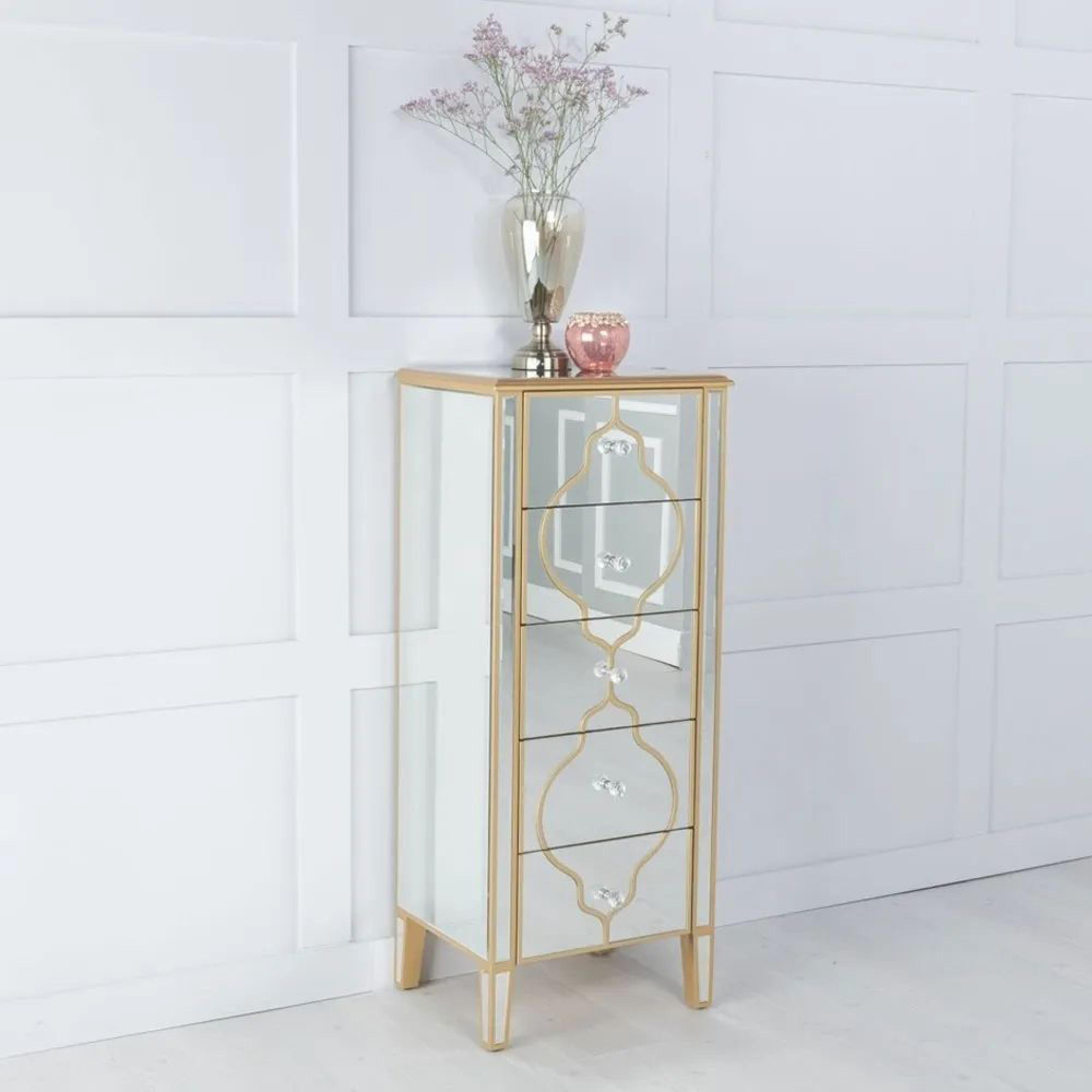 Casablanca Narrow Chest - 5 Drawer - Mirrored - Gold Trim
