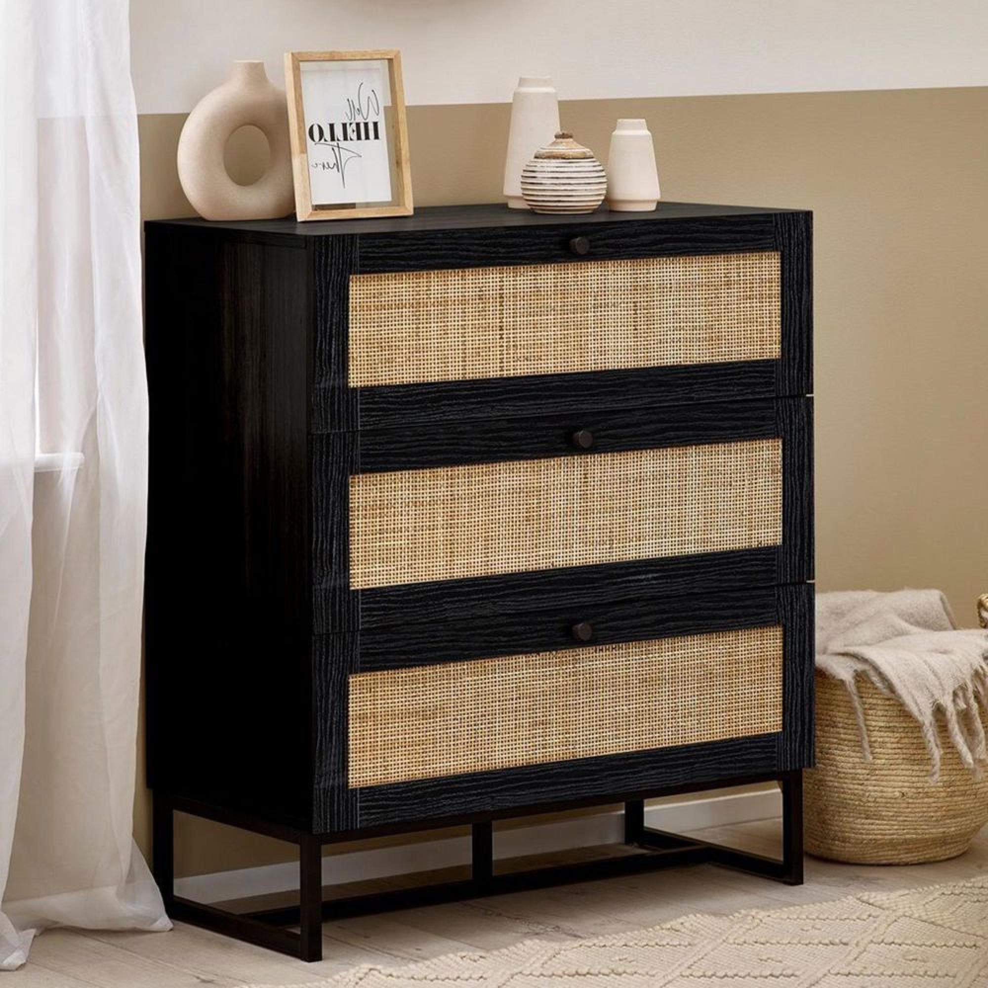 Clearance - Padstow Chest of Drawers - 3 Drawer - Small - Black and Rattan - FSS16386