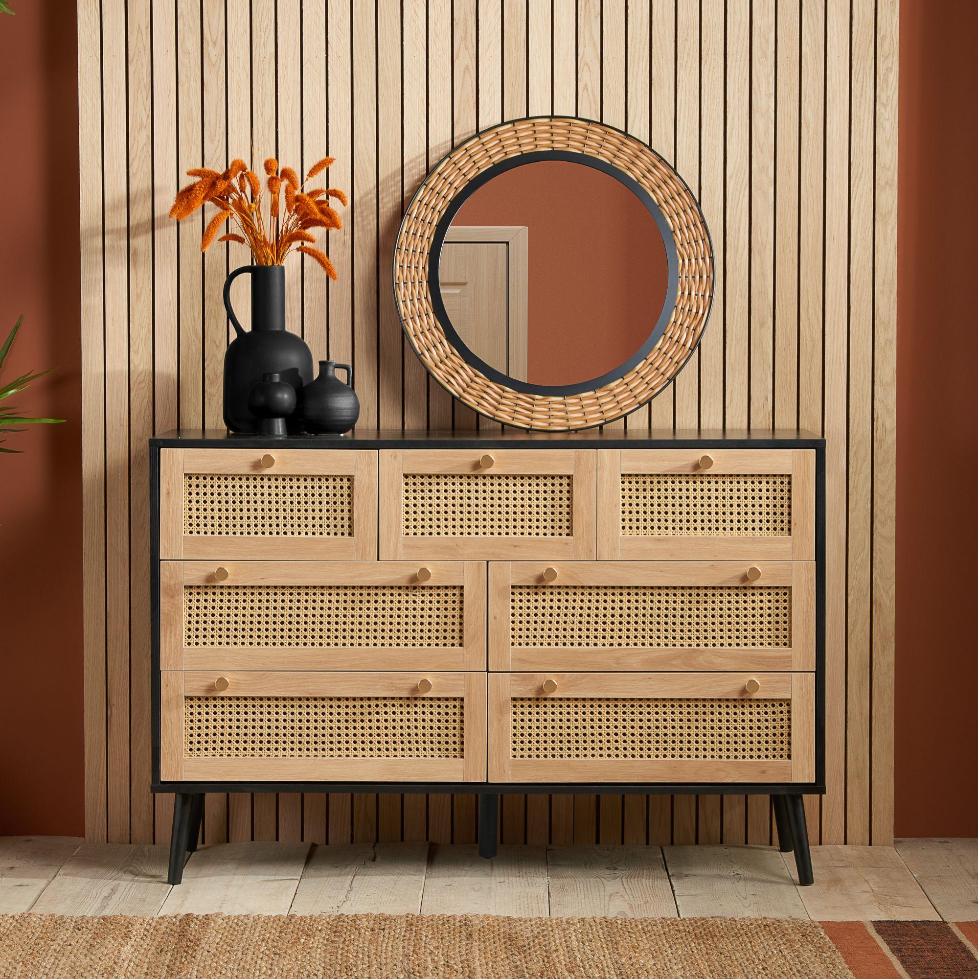 Croxley Wide Chest - 7 Drawer - Black and Rattan