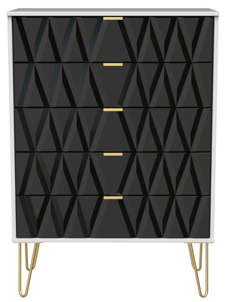 Diamond Chest - 5 Drawer - with Gold Hairpin Legs - Black and White