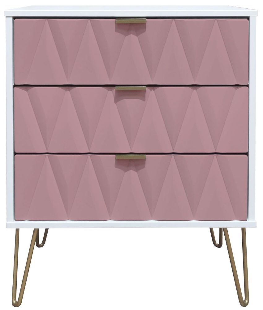 Diamond Midi Chest - 3 Drawer - with Gold Hairpin Legs - Pink and White