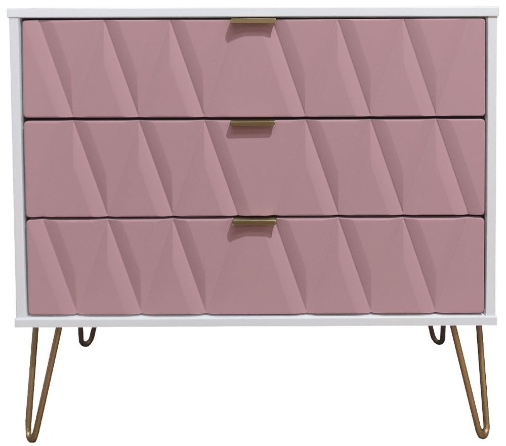 Diamond Small Chest - 3 Drawer - with Gold Hairpin Legs - Pink and White