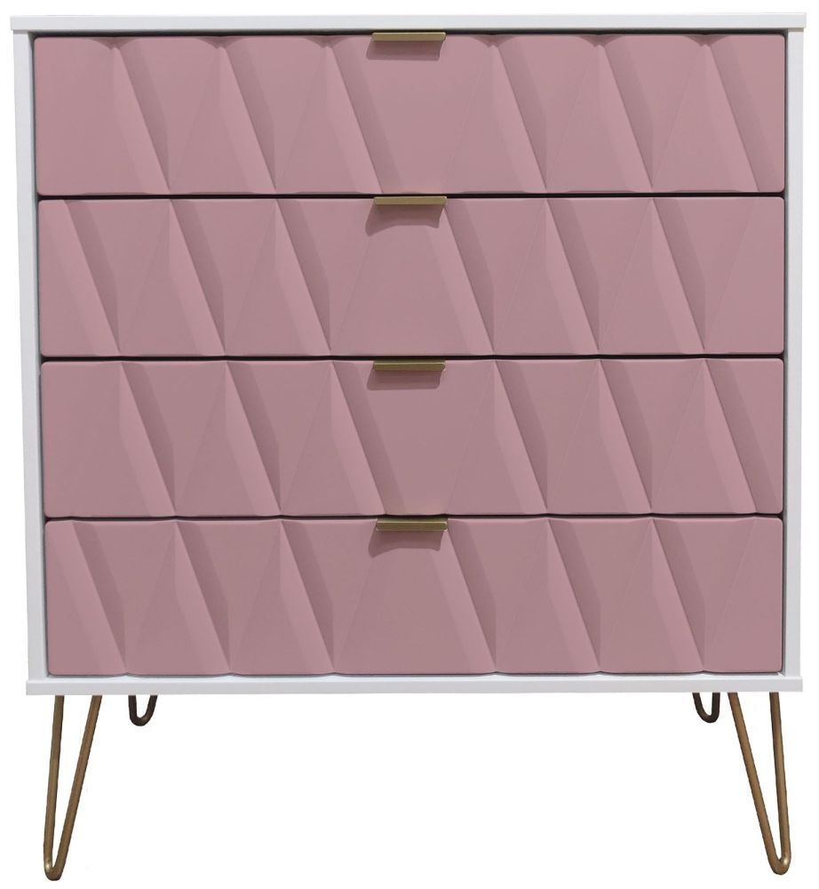 Diamond Chest - 4 Drawer - with Gold Hairpin Legs - Pink and White