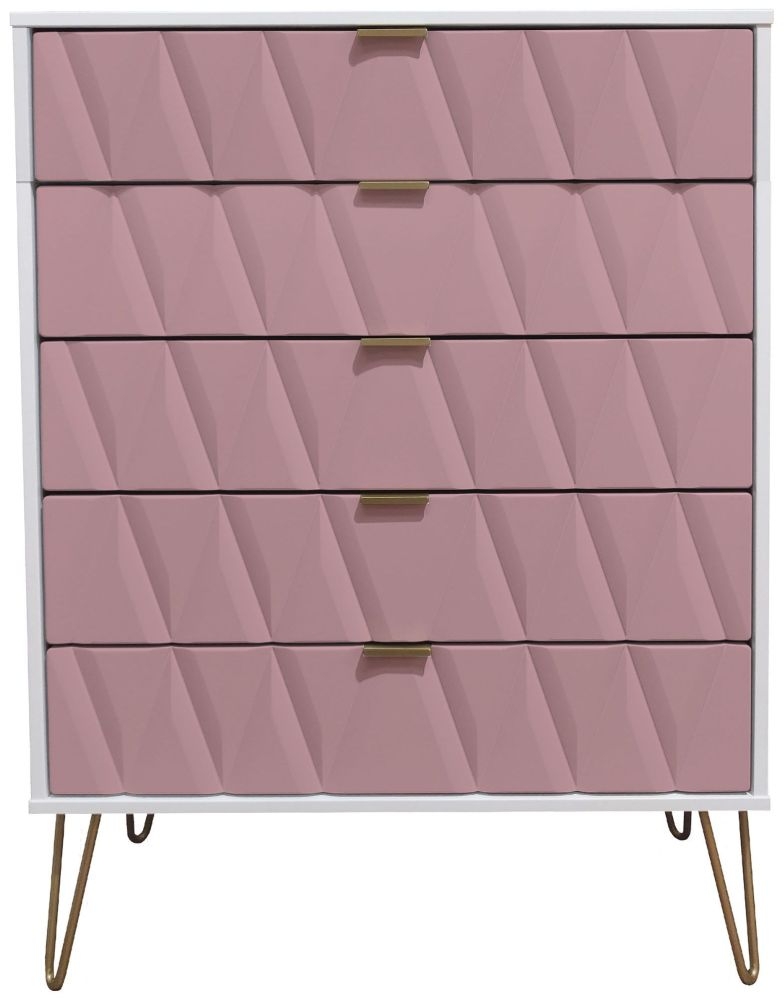 Diamond Chest - 5 Drawer - with Gold Hairpin Legs - Pink and White