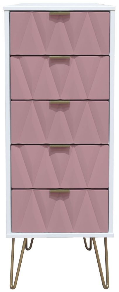 Diamond Narrow Chest - 5 Drawer - with Gold Hairpin Legs - Pink and White