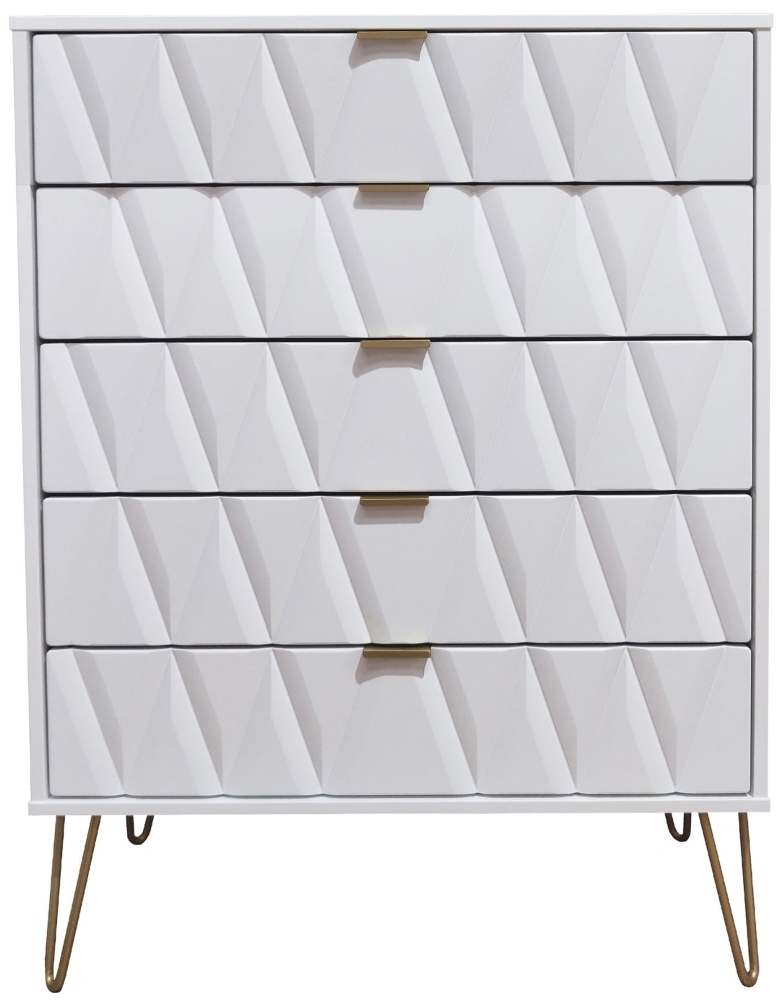 Diamond Chest - 5 Drawer - with Gold Hairpin Legs - White