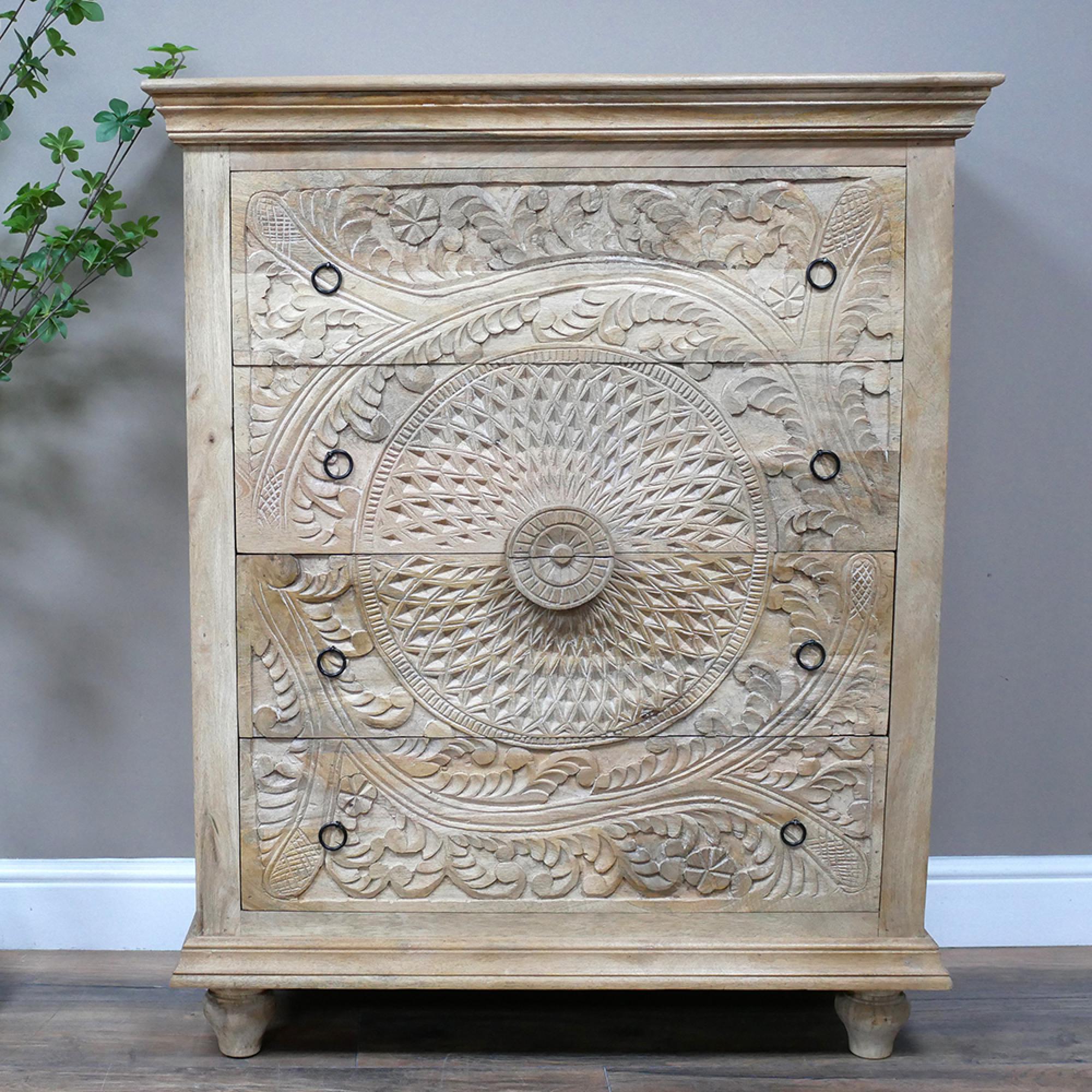 Chest - Carved Mango Wood - 4 Drawer
