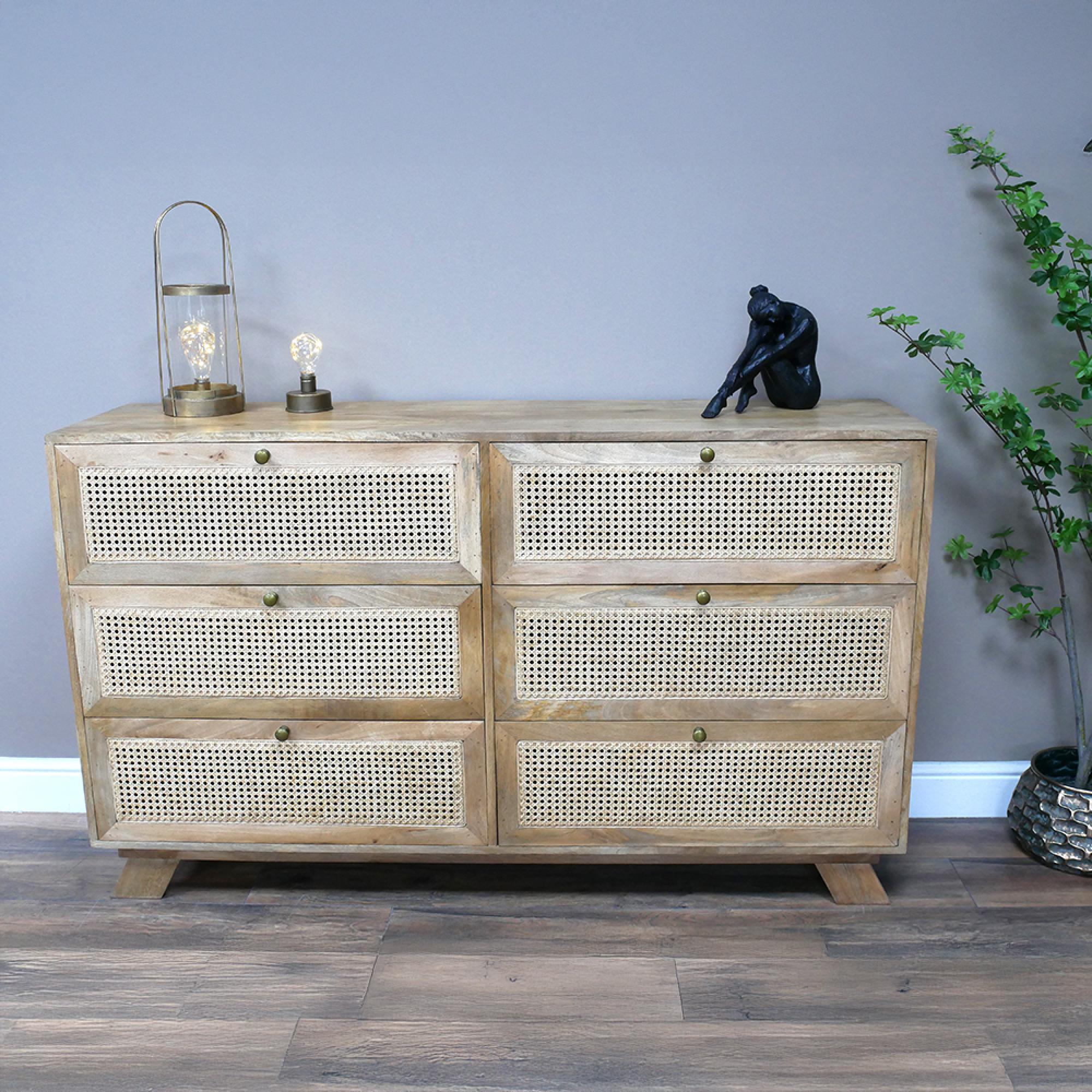 Chest - Mango Wood and Rattan - 6 Drawer - Wide