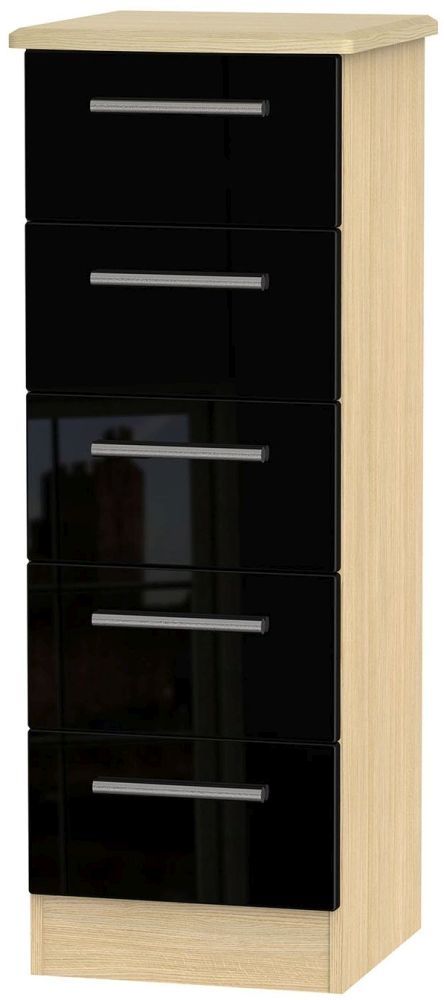 Knightsbridge Narrow Chest - 5 Drawer - Black Gloss and Light Oak