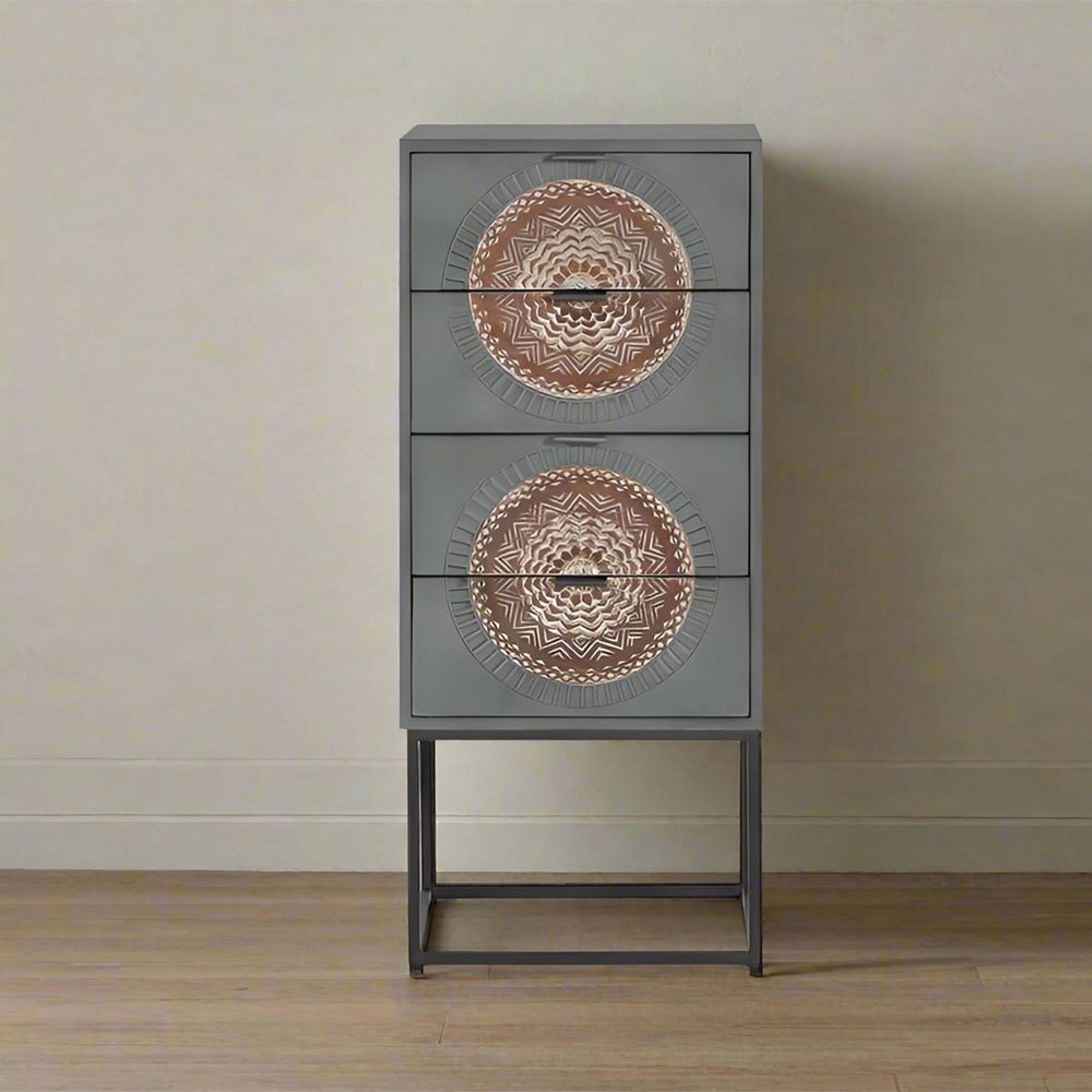 Lytton Tall Chest - Grey Carved Mango Wood - 4 Drawer