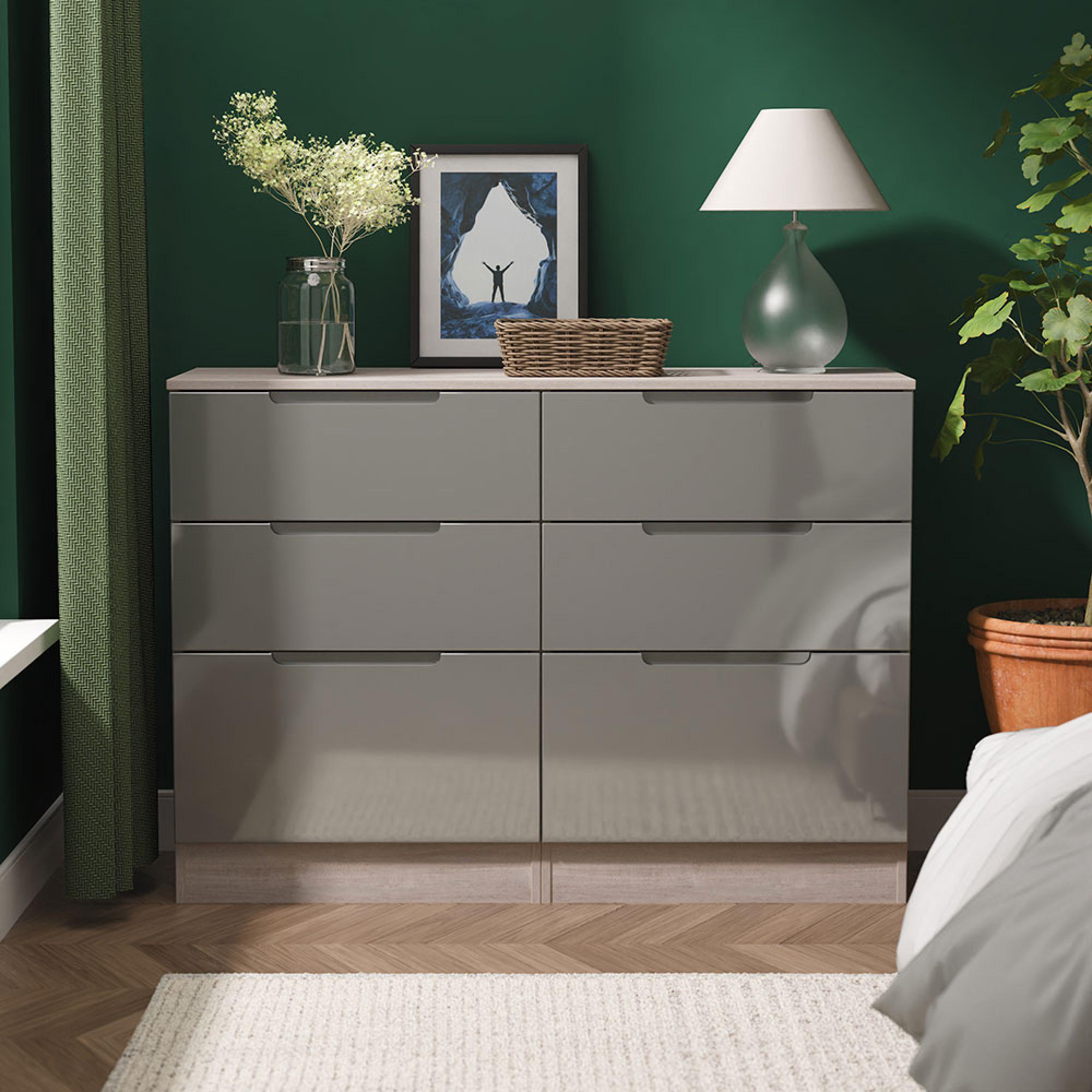 Milan Chest - Midi - 6 Drawer - Grey Gloss and Grey Oak