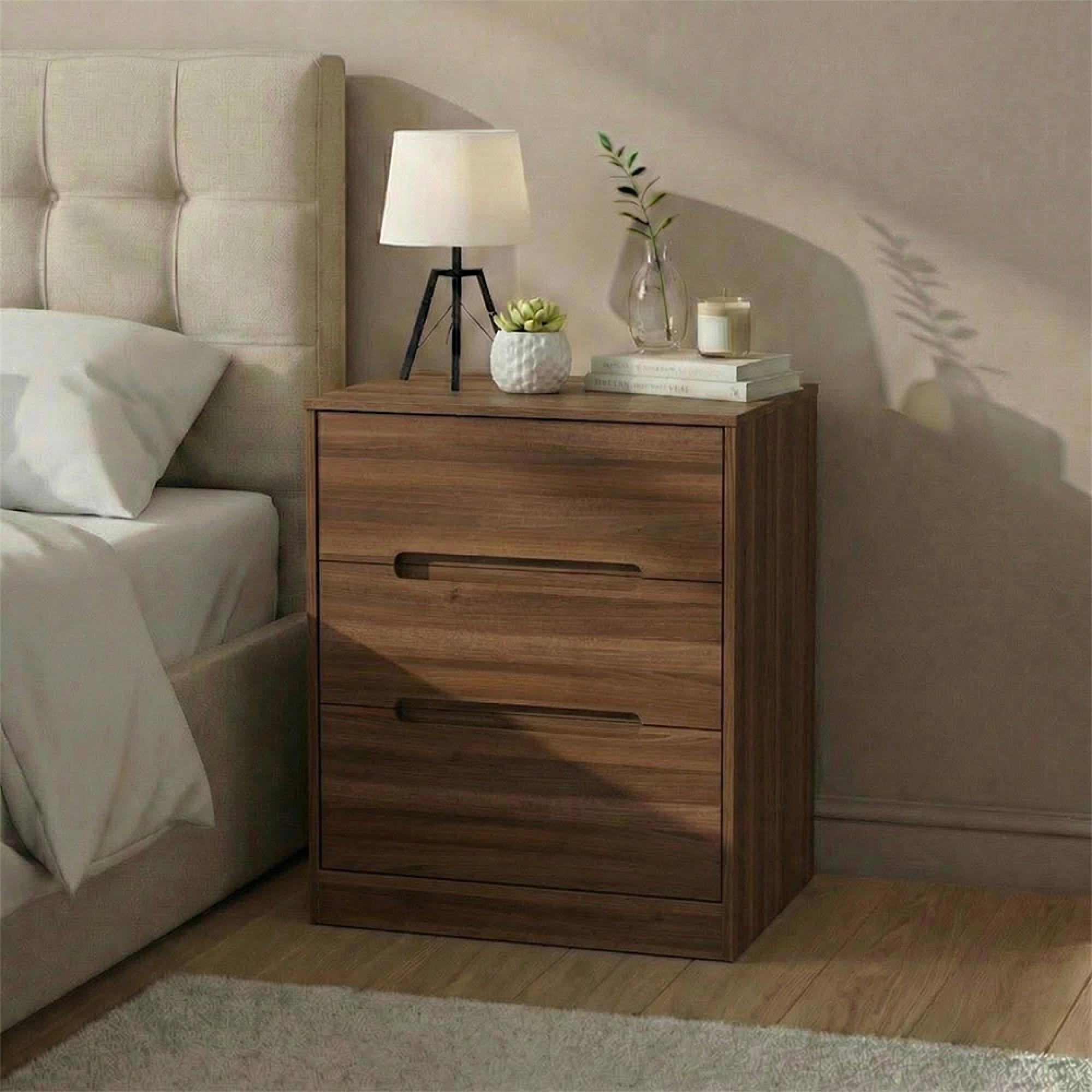 Monaco Bedside Cabinet - 3 Drawer - Wide- Noche Walnut
