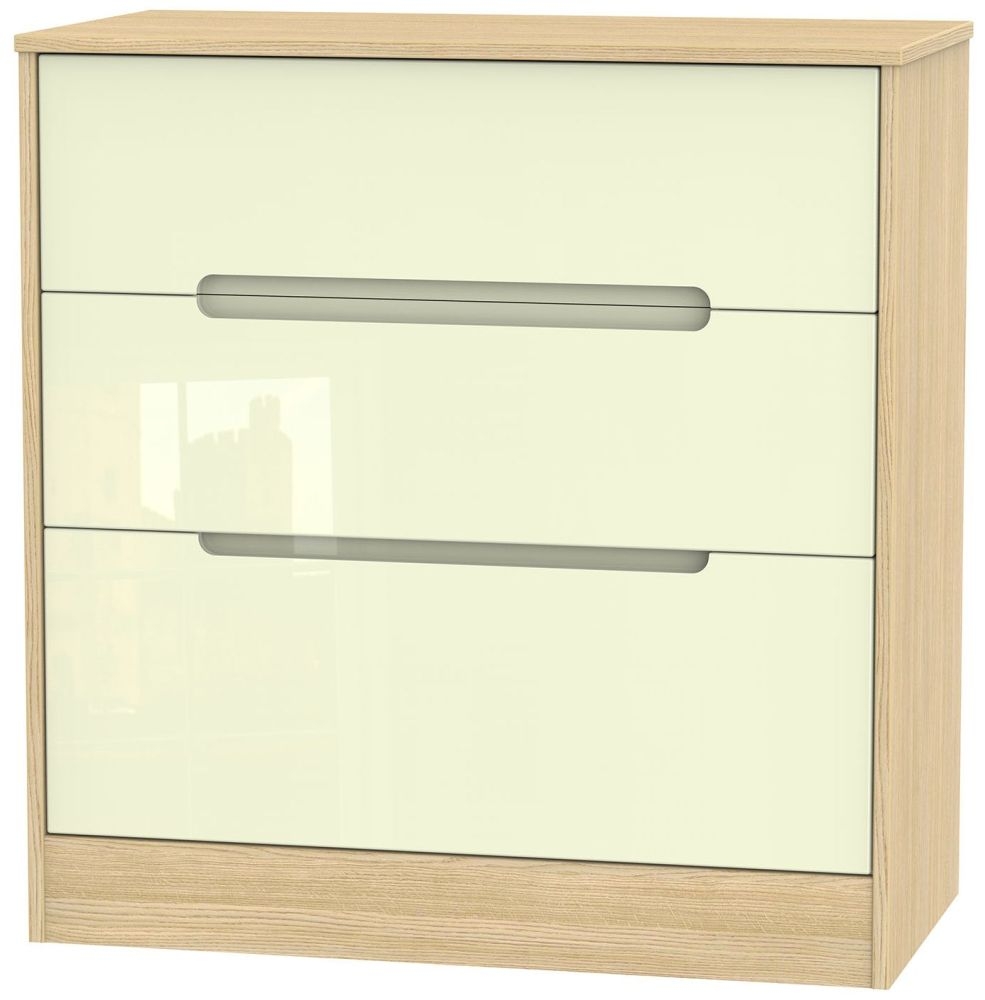 Monaco Chest - Deep - 3 Drawer - Cream Gloss and Light Oak