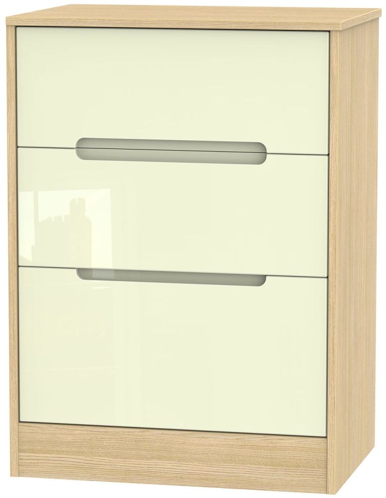 Monaco Chest - Deep Midi - 3 Drawer - Cream Gloss and Light Oak