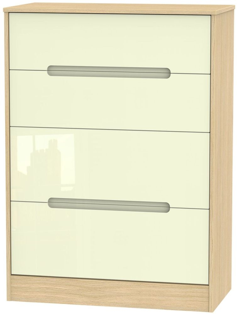 Monaco Chest - Deep - 4 Drawer - Cream Gloss and Light Oak