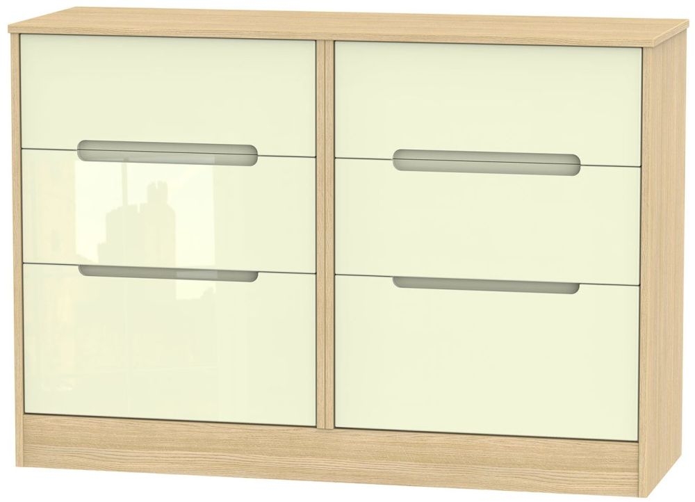 Monaco Chest - Midi - 6 Drawer - Cream Gloss and Light Oak