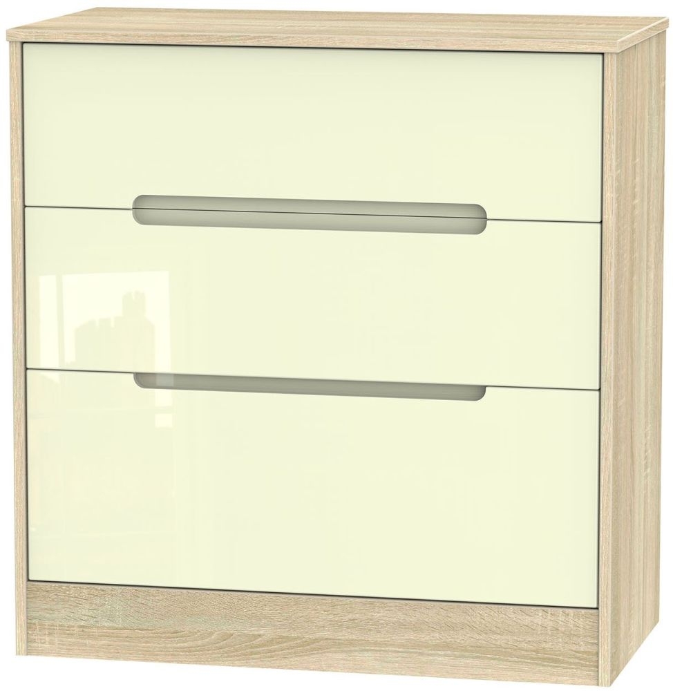 Monaco Chest - Deep - 3 Drawer - Cream Gloss and Oak