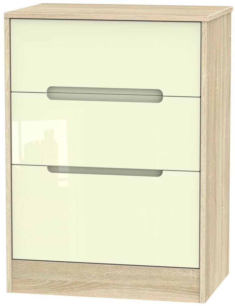 Monaco Chest - Deep Midi - 3 Drawer - Cream Gloss and Oak