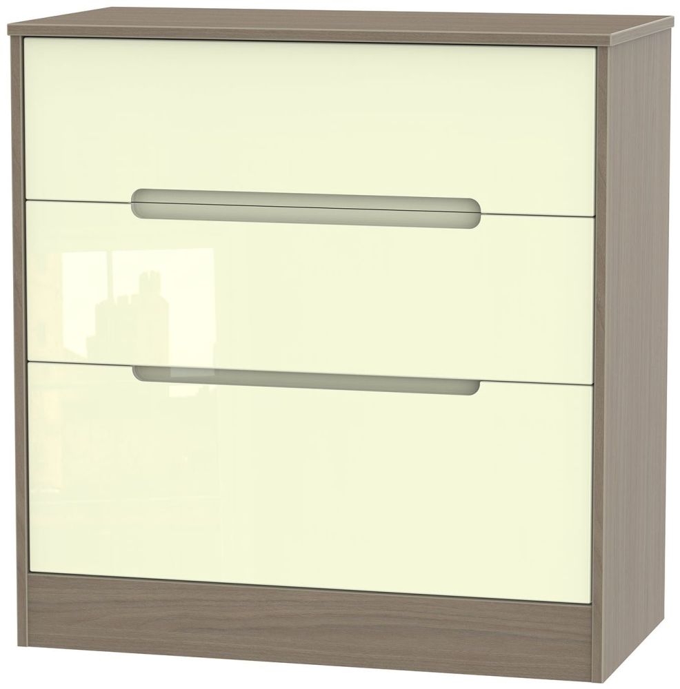 Monaco Chest - Deep - 3 Drawer - Cream Gloss and Toronto Walnut