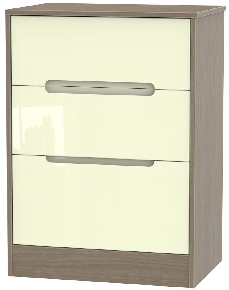 Monaco Chest - Deep Midi - 3 Drawer - Cream Gloss and Toronto Walnut