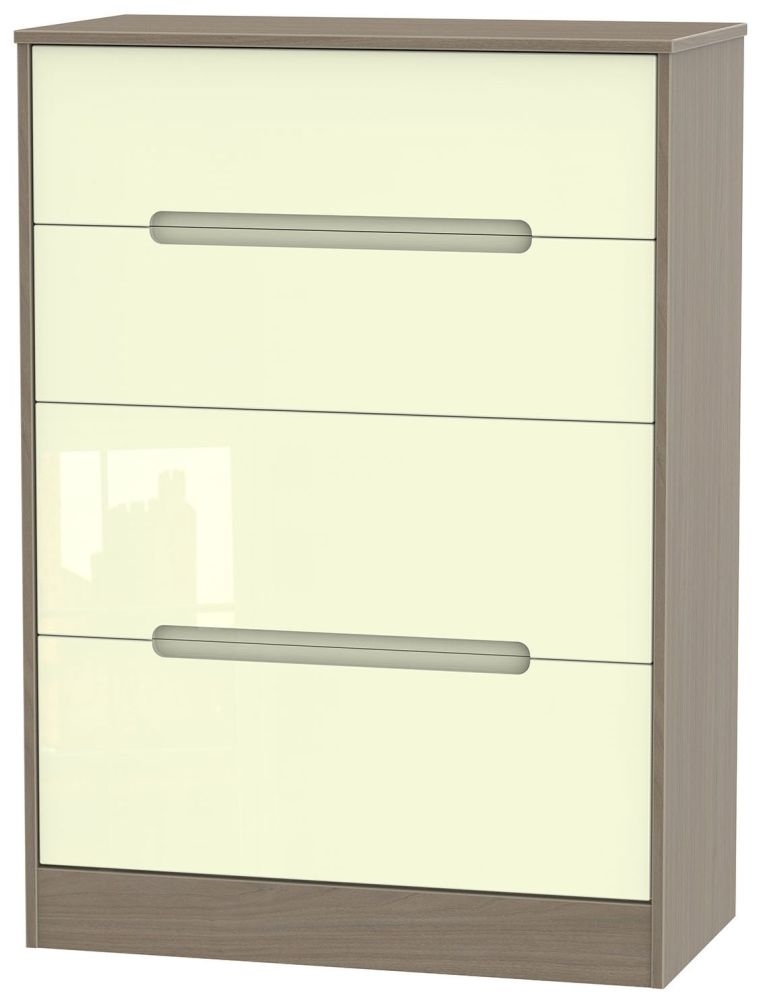 Monaco Chest - Deep - 4 Drawer - Cream Gloss and Toronto Walnut
