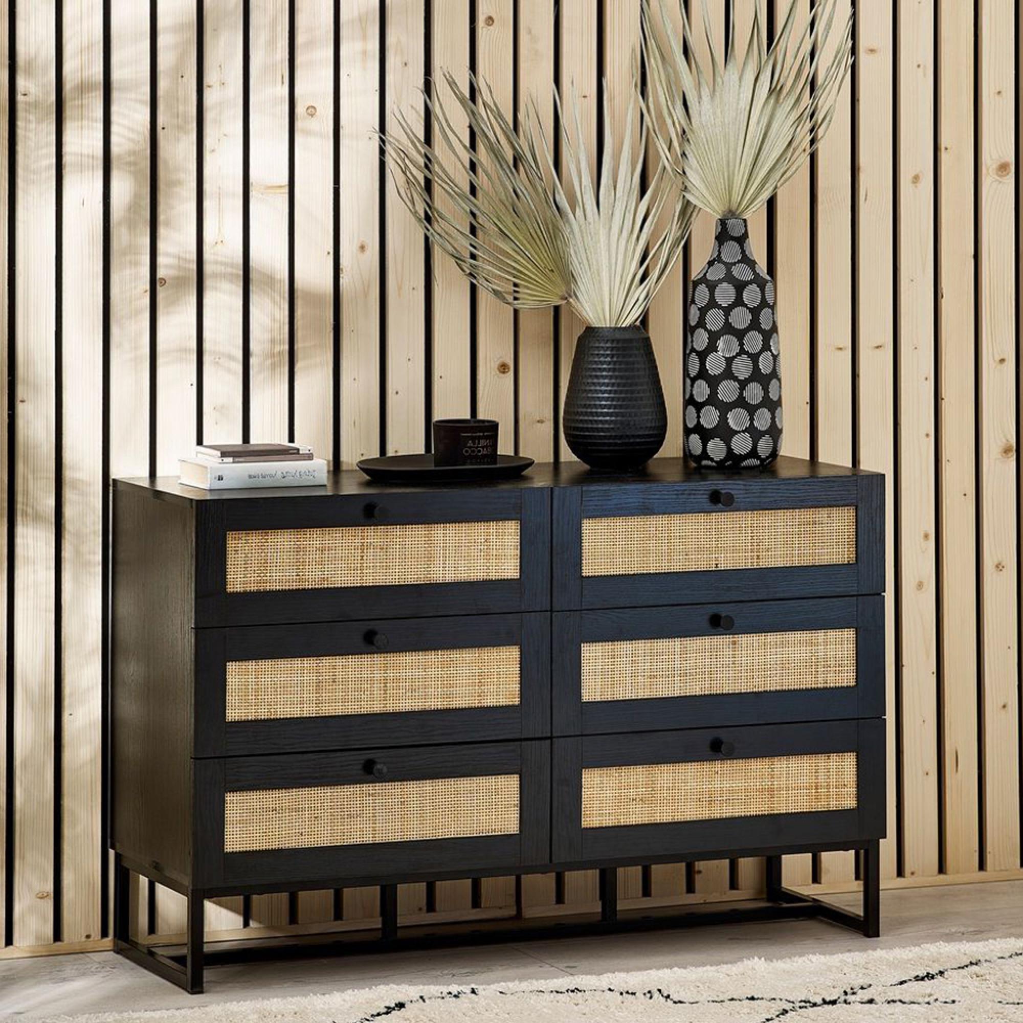 Padstow Chest of Drawers - 6 Drawer - Wide - Black and Rattan