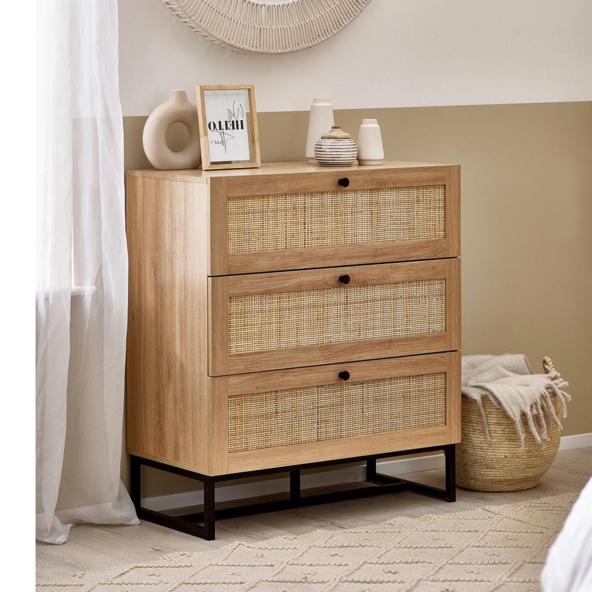 Padstow Chest of Drawers - 3 Drawer - Small - Oak and Rattan