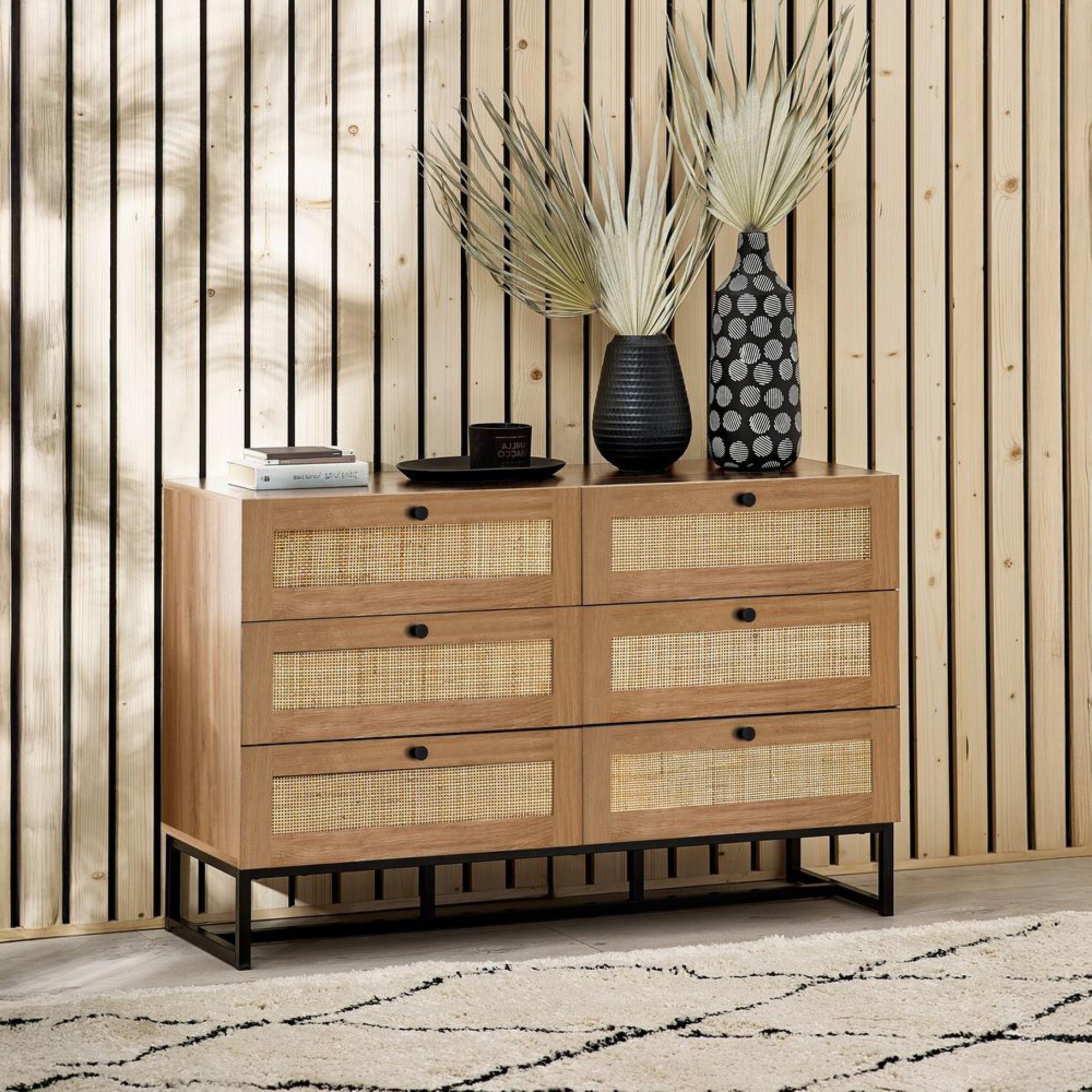 Padstow Chest of Drawers - 6 Drawer - Wide - Oak and Rattan