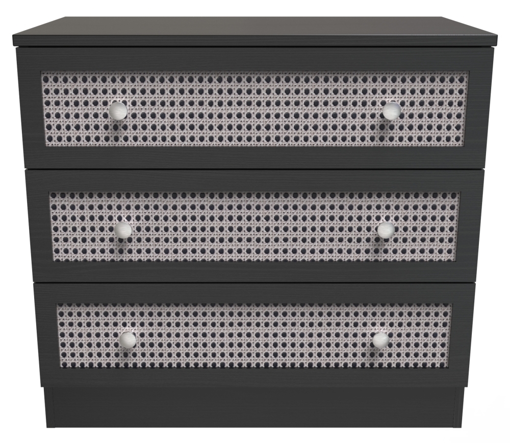 Rattan and Black Ash Chest - Small - 3 Drawer