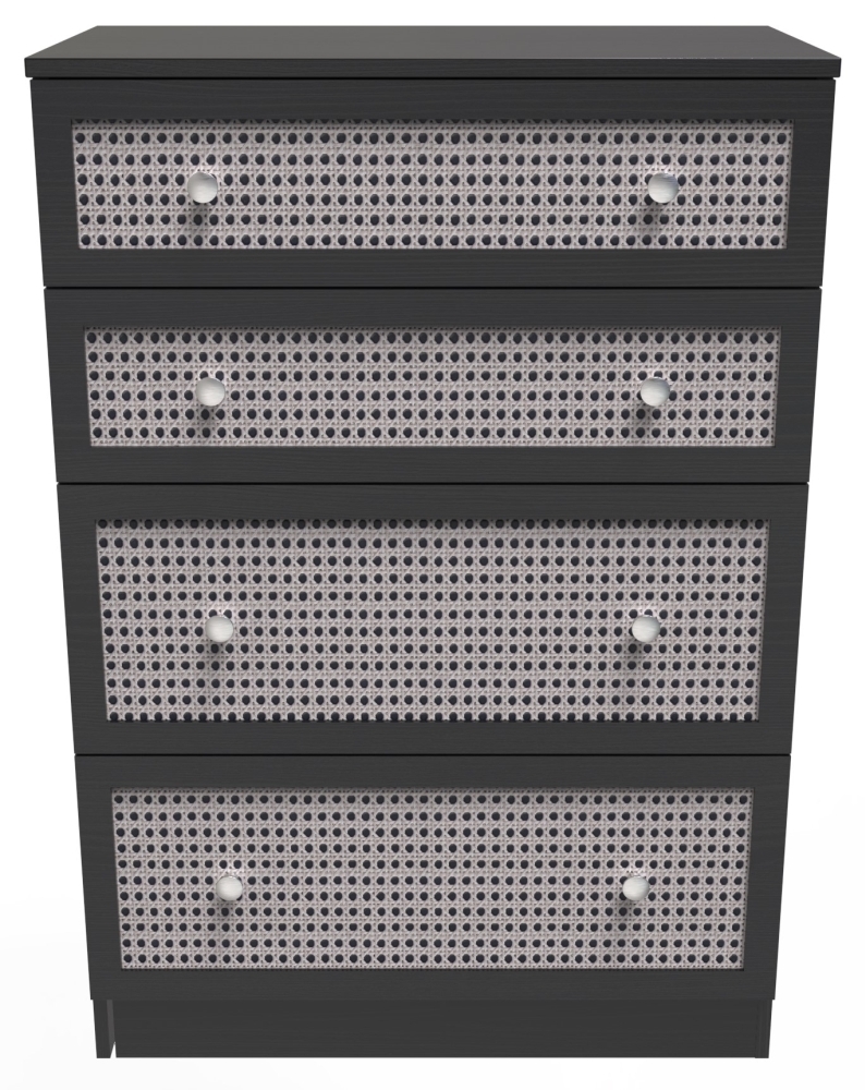 Rattan and Black Ash Chest - Deep - 4 Drawer