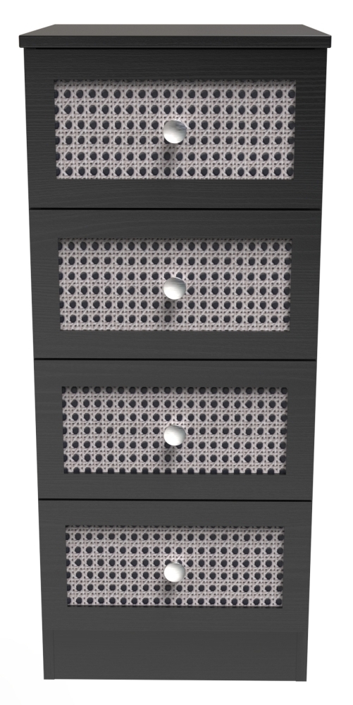 Rattan and Black Ash Chest - Narrow - 4 Drawer