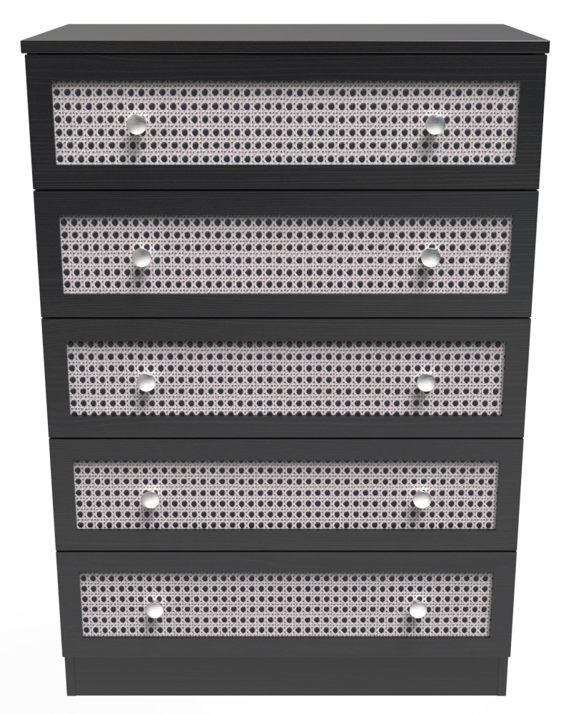 Rattan and Black Ash Chest - 5 Drawer