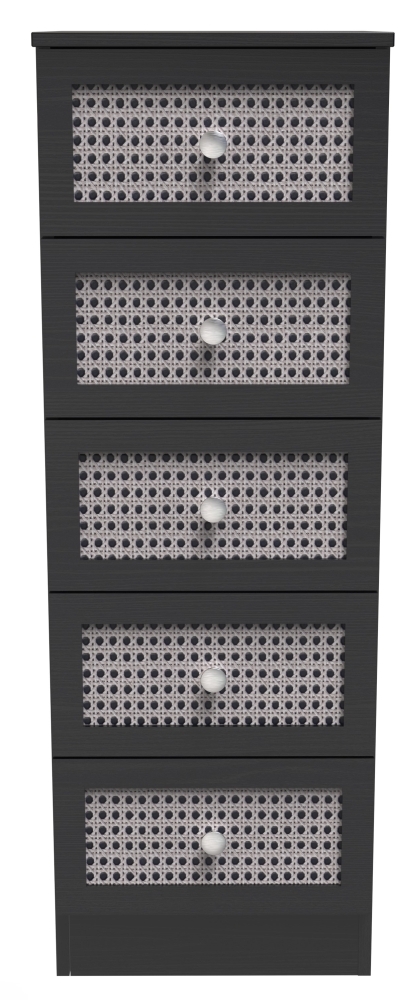 Rattan and Black Ash Chest - Narrow - 5 Drawer
