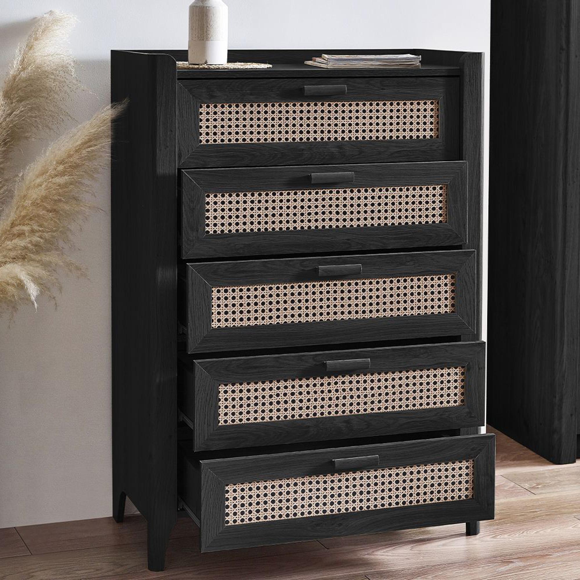 Sydney Chest of Drawers - 5 Drawer - Black and Faux Rattan