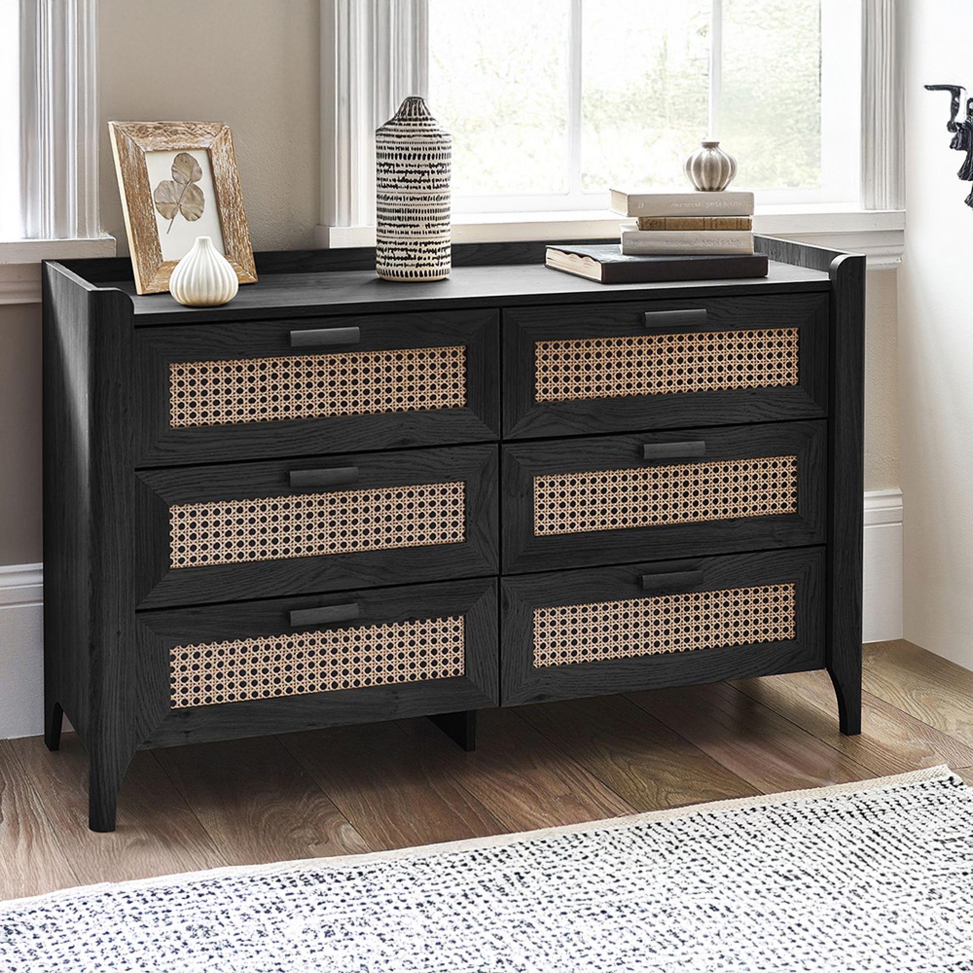 Sydney Chest of Drawers - 6 Drawer - Wide - Black and Faux Rattan