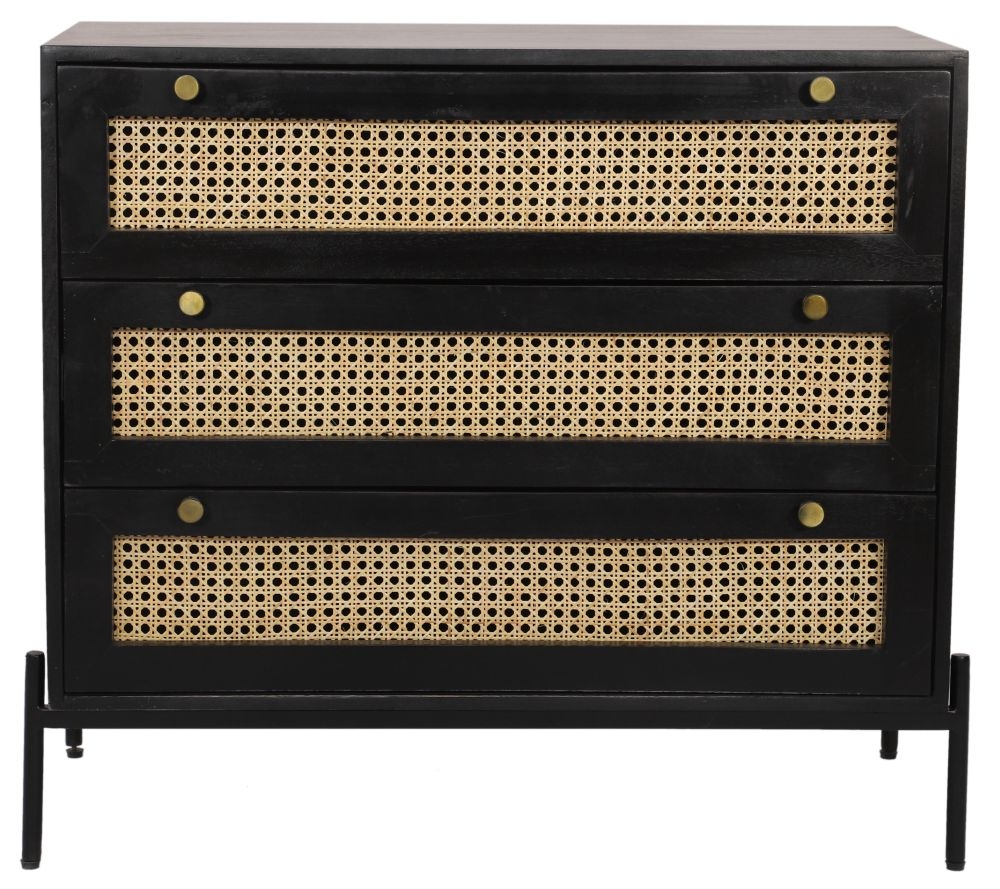 Tapola Chest of Drawers - 3 Drawer - Small - Black Wood and Rattan