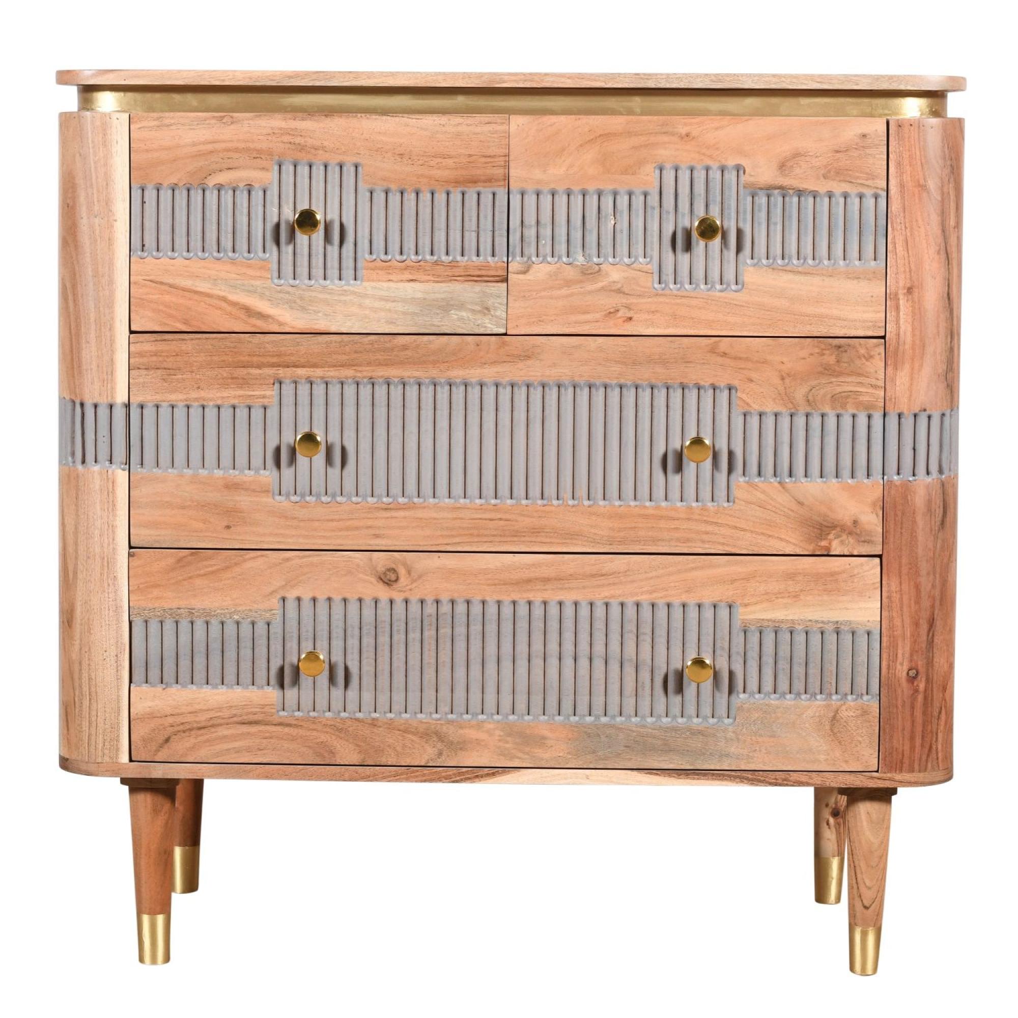 William Chest of Drawers - 4 Drawer - Ribbed - Gold Trim - Acacia Wood