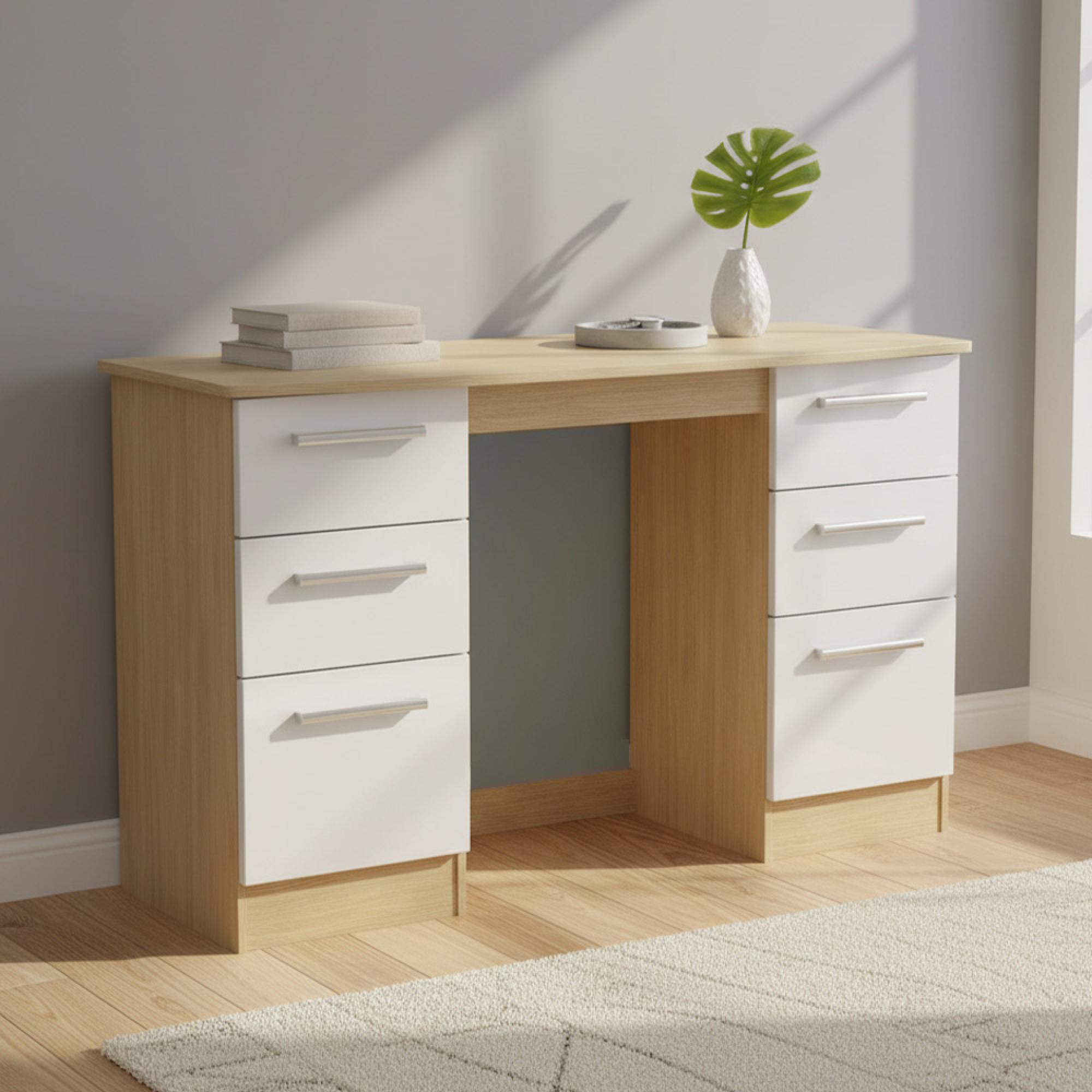 Knightsbridge Dressing Table - Double - 6 Drawer - White Gloss and Light Oak