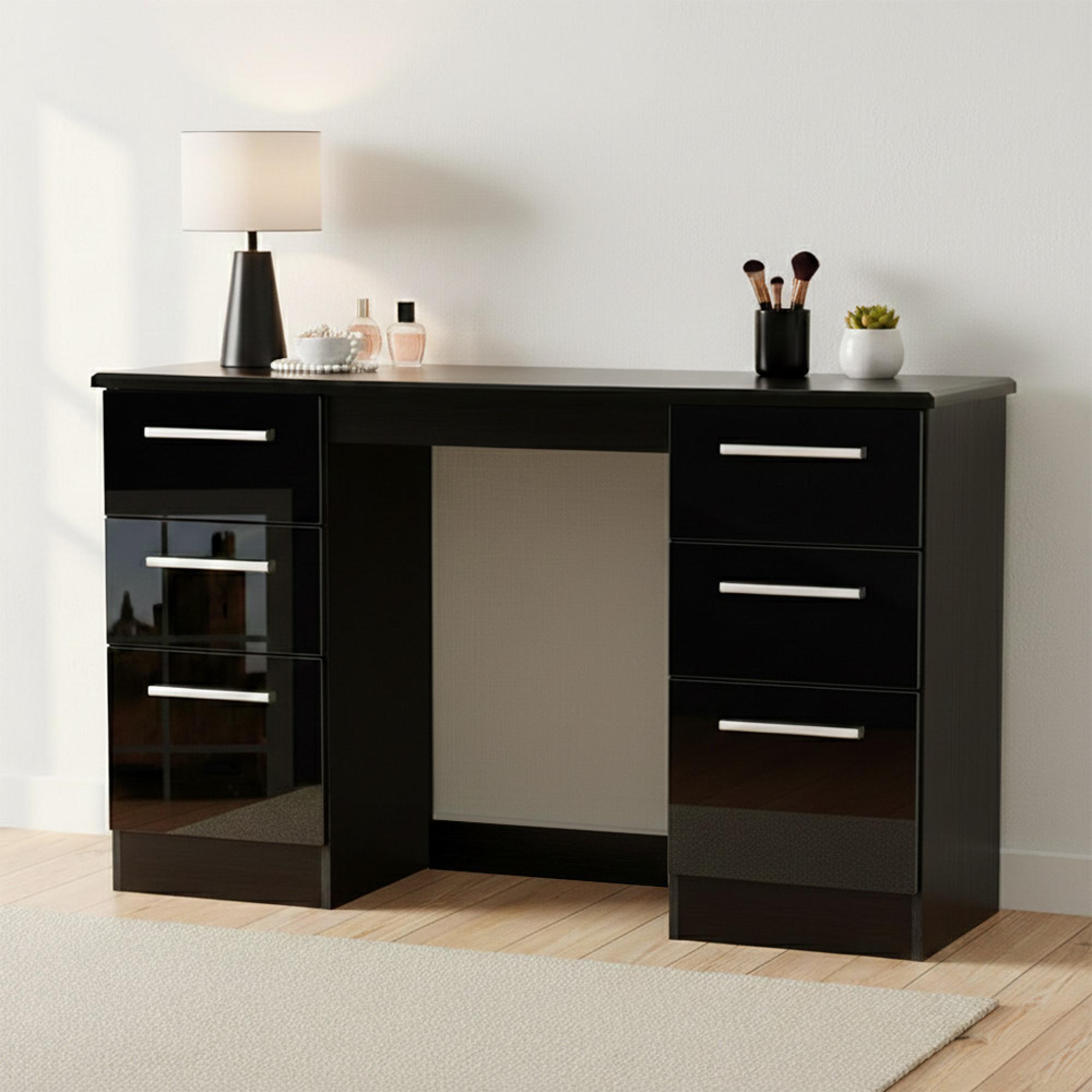 Knightsbridge Double Dressing Table - 6 Drawer - Black Gloss