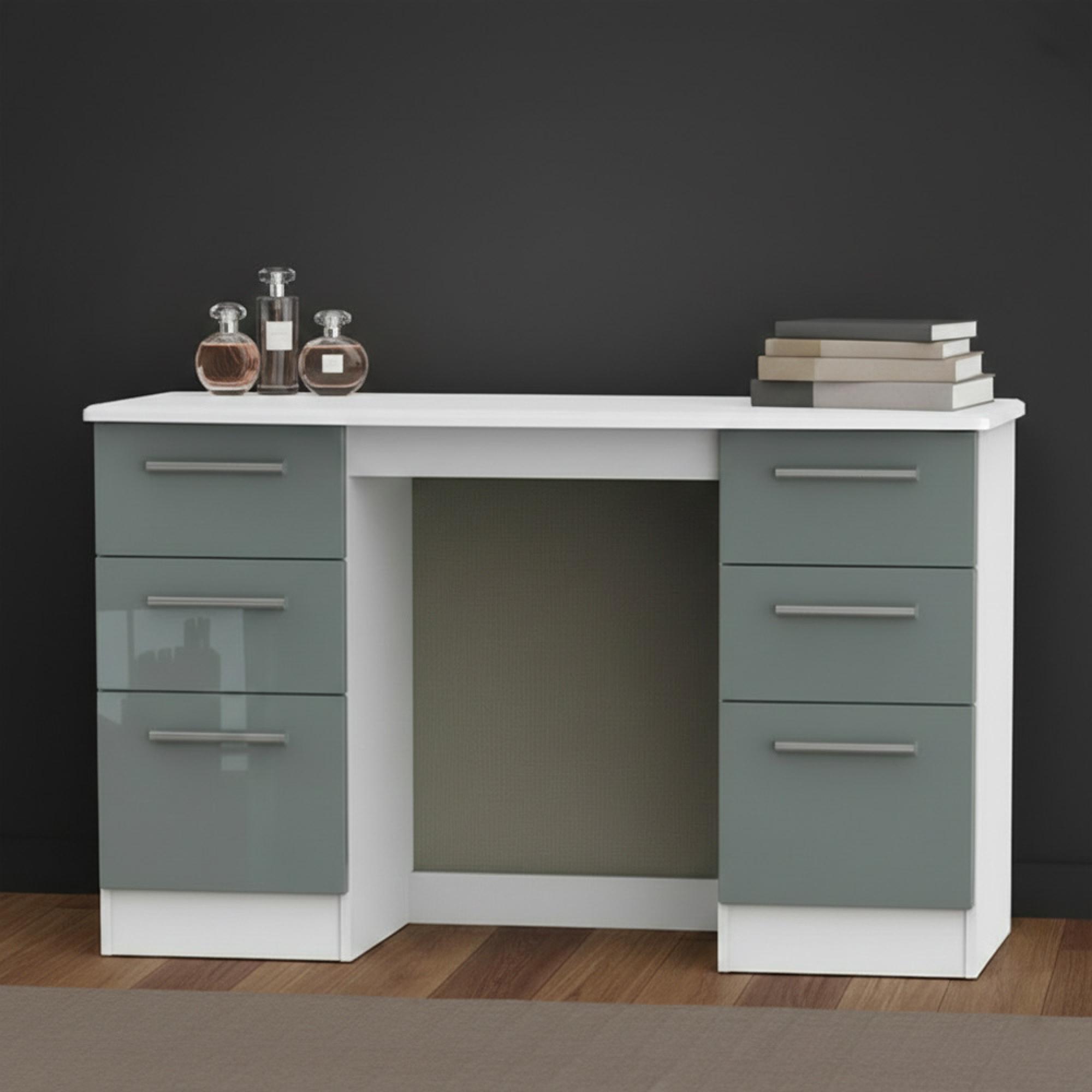 Knightsbridge Dressing Table - Double - 6 Drawer - Grey Gloss and White