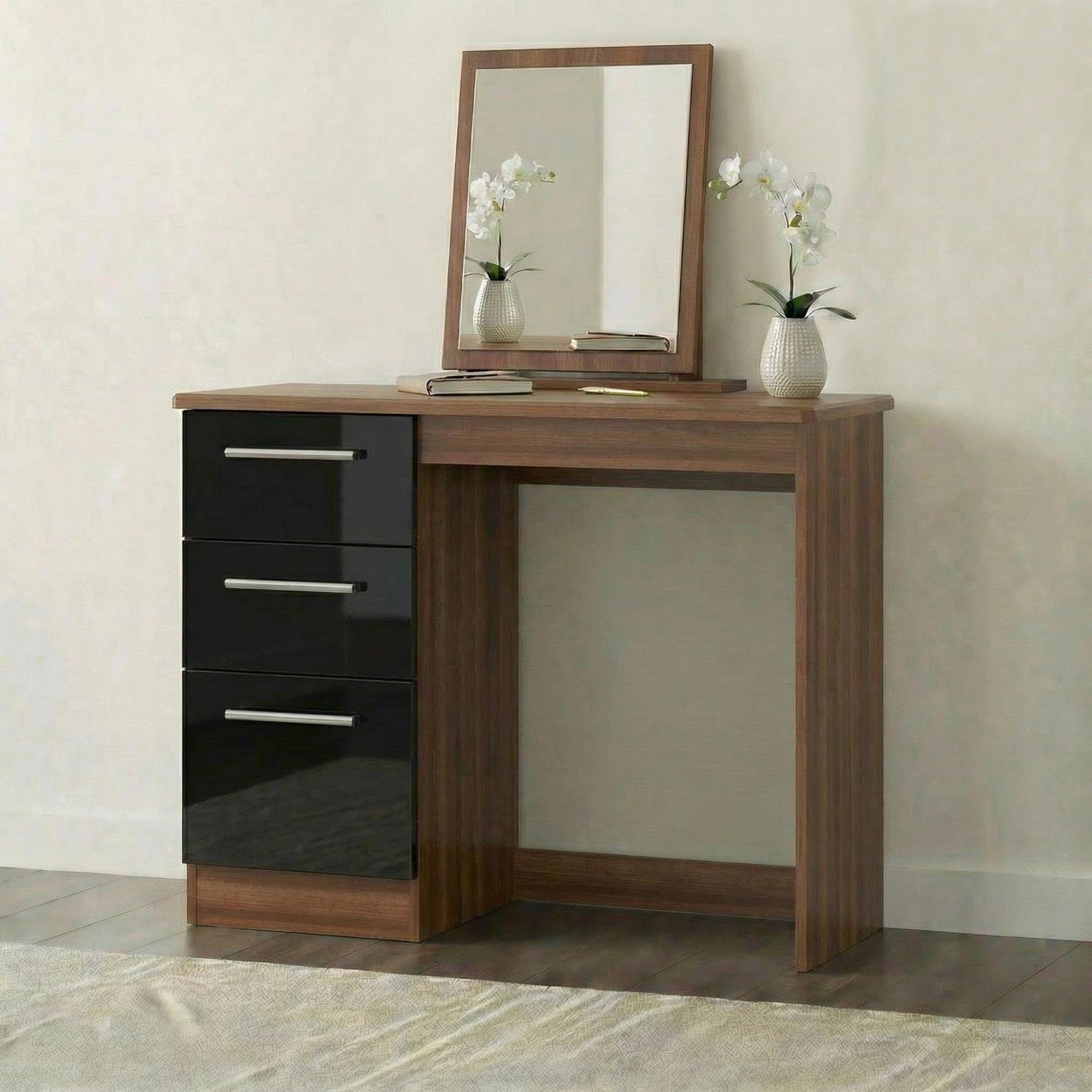 Knightsbridge Dressing Table - 3 Drawer - Single - Black Gloss and Walnut