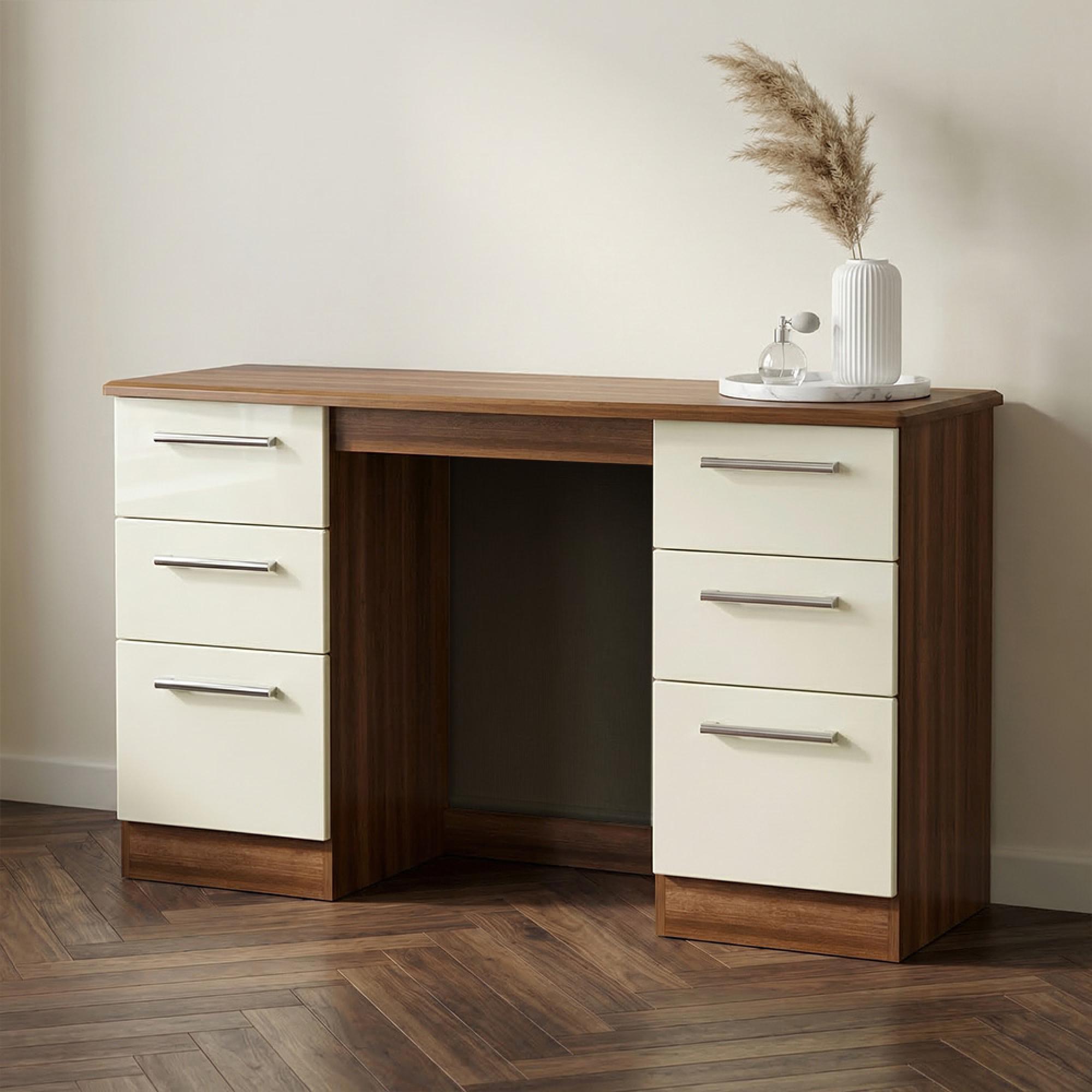 Knightsbridge Dressing Table - Double - 6 Drawer - Cream Gloss and Walnut