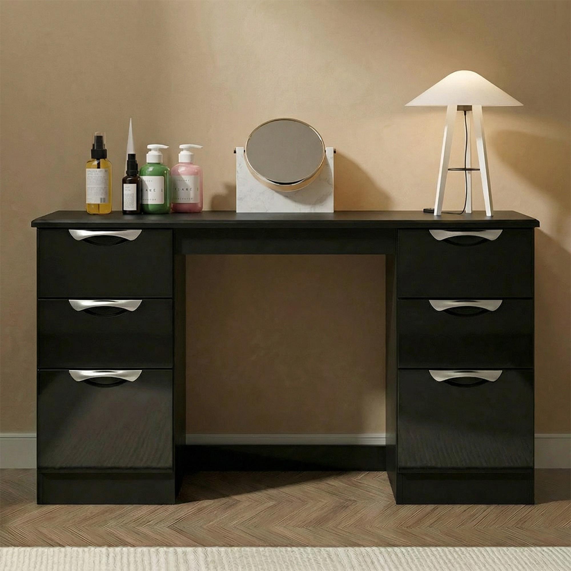Camden Dressing Table - 6 Drawer - Double - Black Gloss