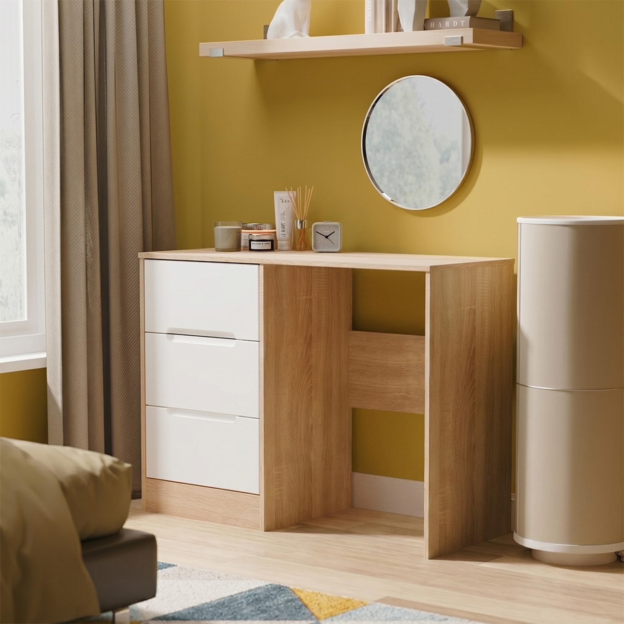 Monaco Dressing Table - Single - 3 Drawer - White Matt and Oak