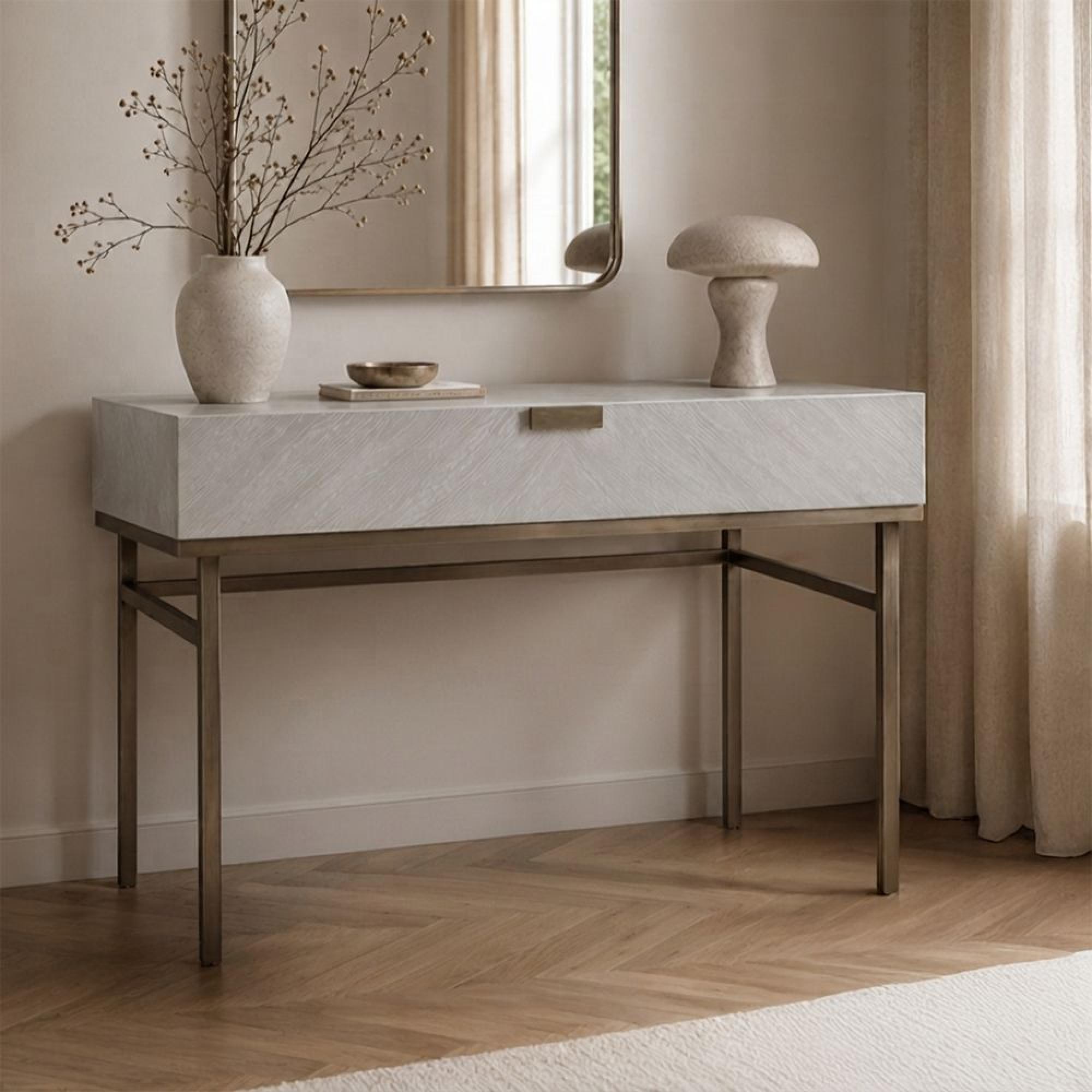 Lilly Dressing Table - 1 Drawer - Chevron - Soft Grey and Bronze - Wood and Metal